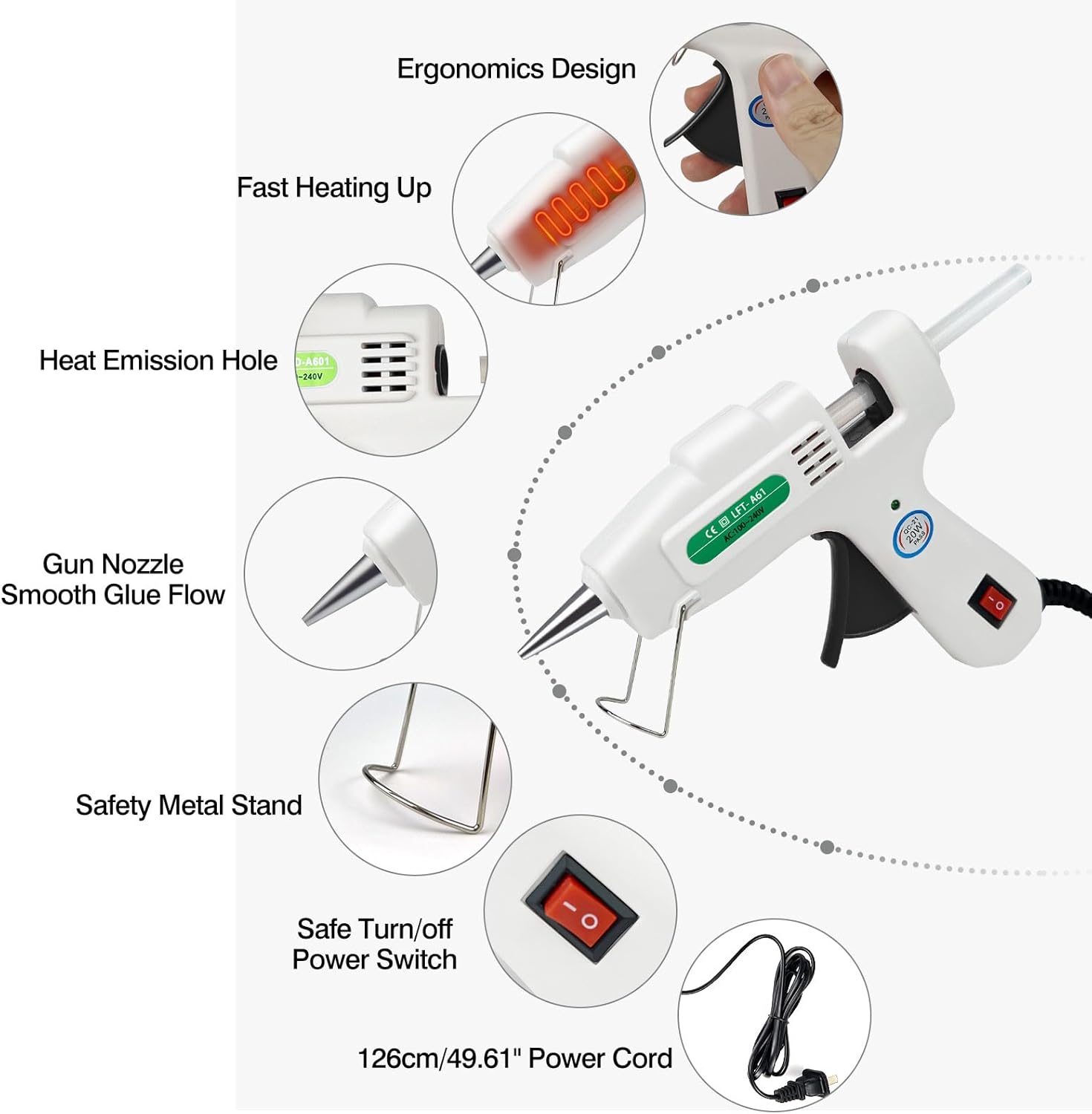 Highlights key features and components of the glue gun to demonstrate its functionality, safety, and ease of use.