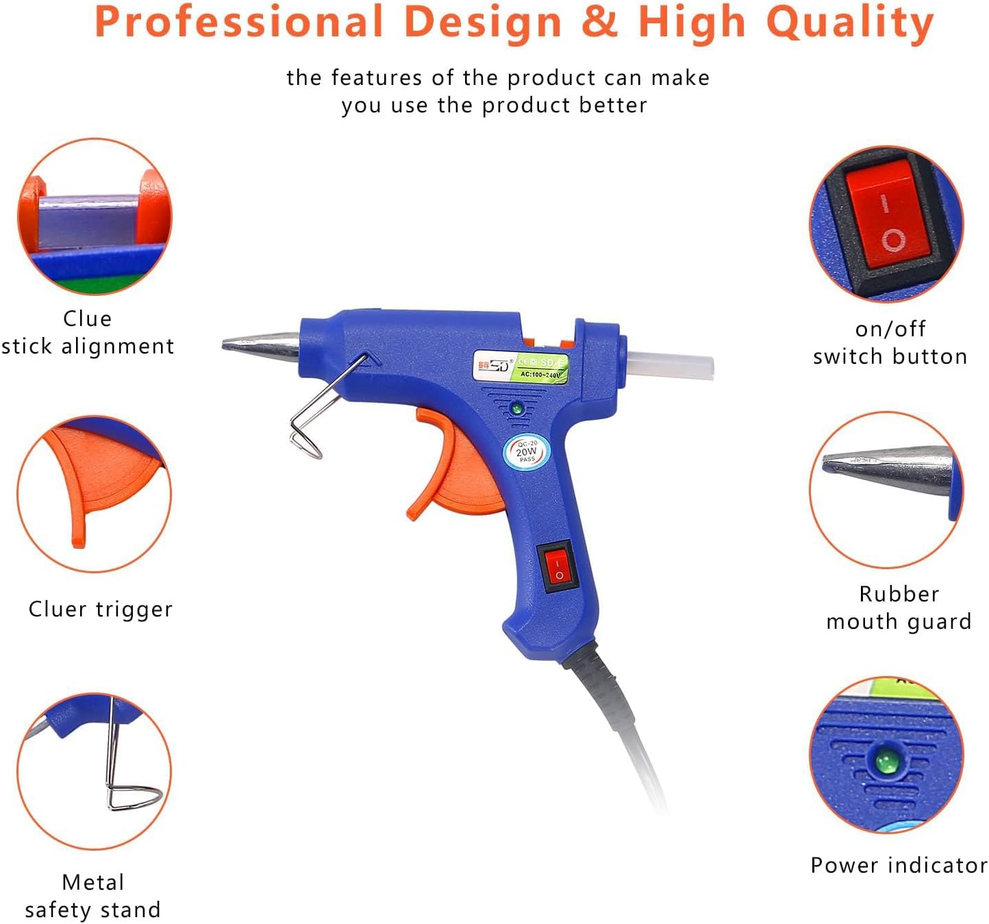 Highlights the main features and design elements of the glue gun to show its professional quality and ease of use.