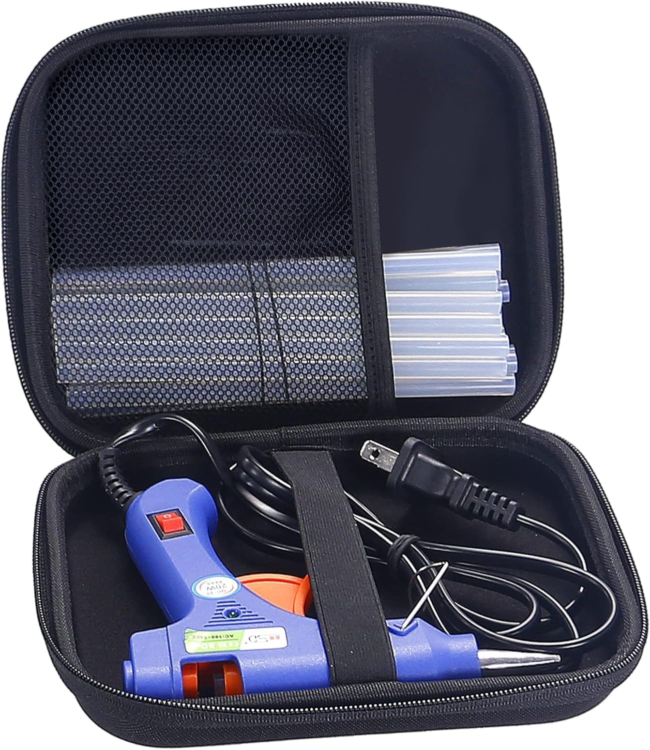 Shows all the items included in the glue gun kit, demonstrating value and convenience to the shopper.