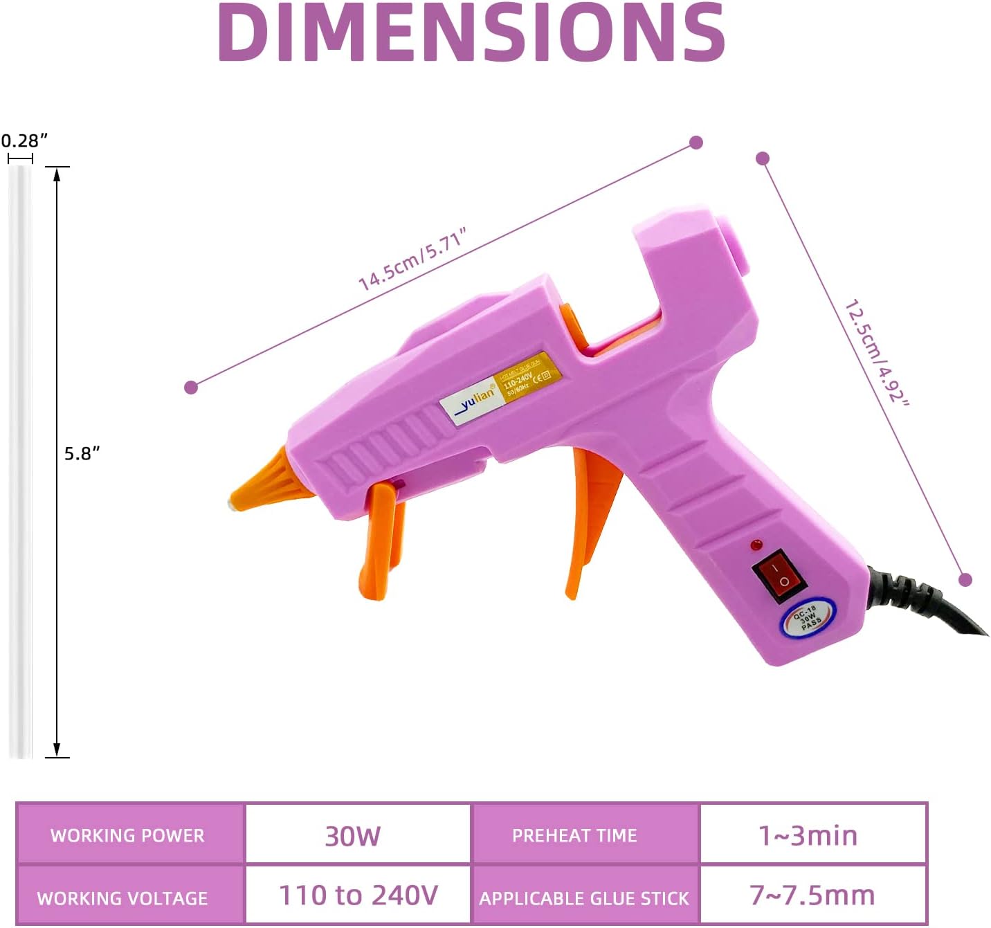 Provides exact measurements of the glue gun to help customers understand its size and portability. Highlights key technical details like working power, voltage, and preheat time to inform customers…