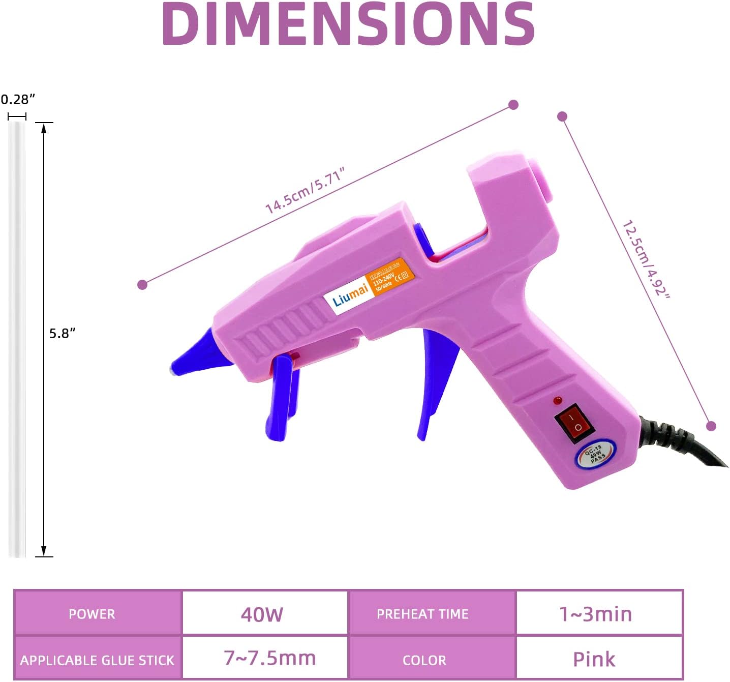 Provides exact measurements of the glue gun to help customers understand its size and portability. Highlights key technical details like power, preheat time, and glue stick size to inform buyers…