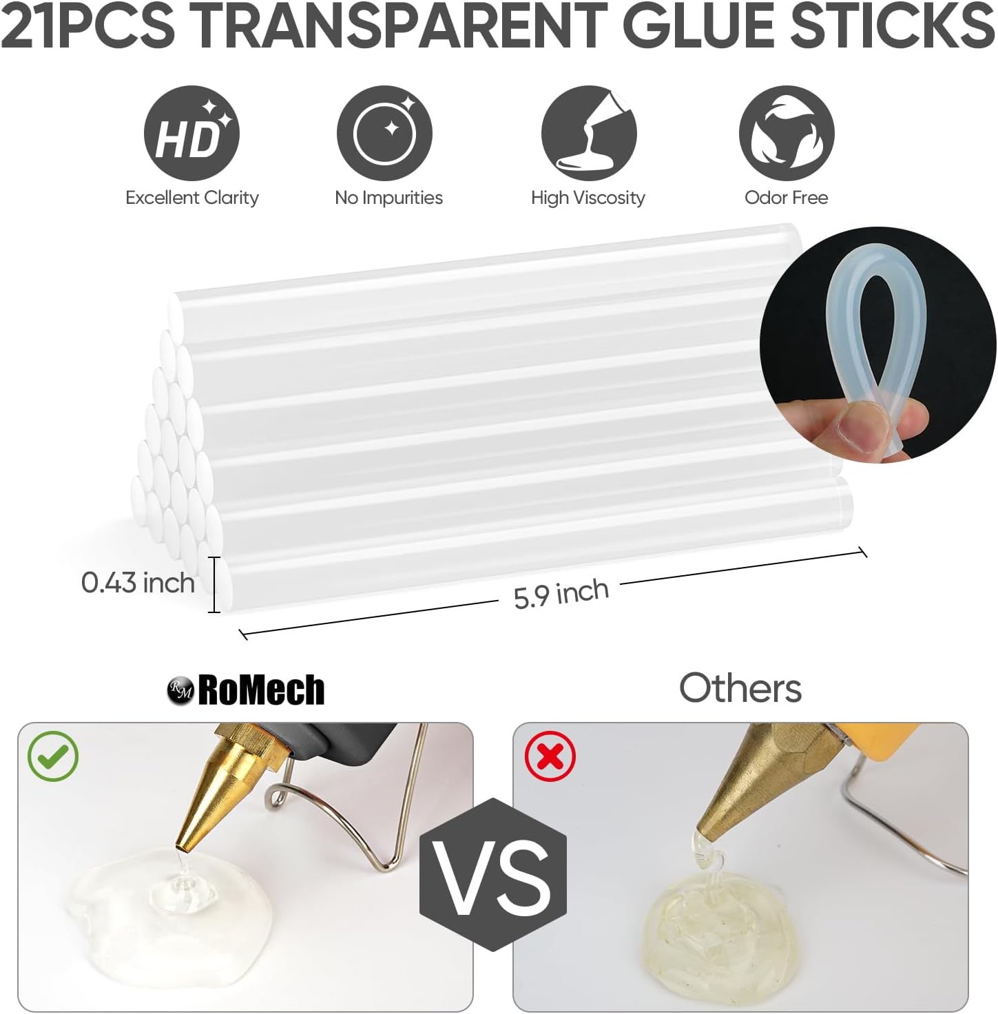 Highlights multiple quality features of the transparent glue sticks to demonstrate their superior performance and user-friendly characteristics.