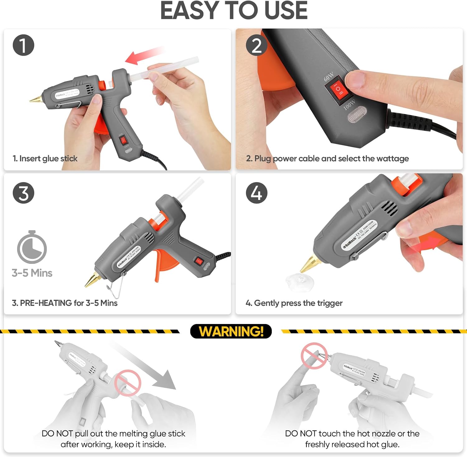 Provides step-by-step instructions on how to use and operate the glue gun safely and effectively.