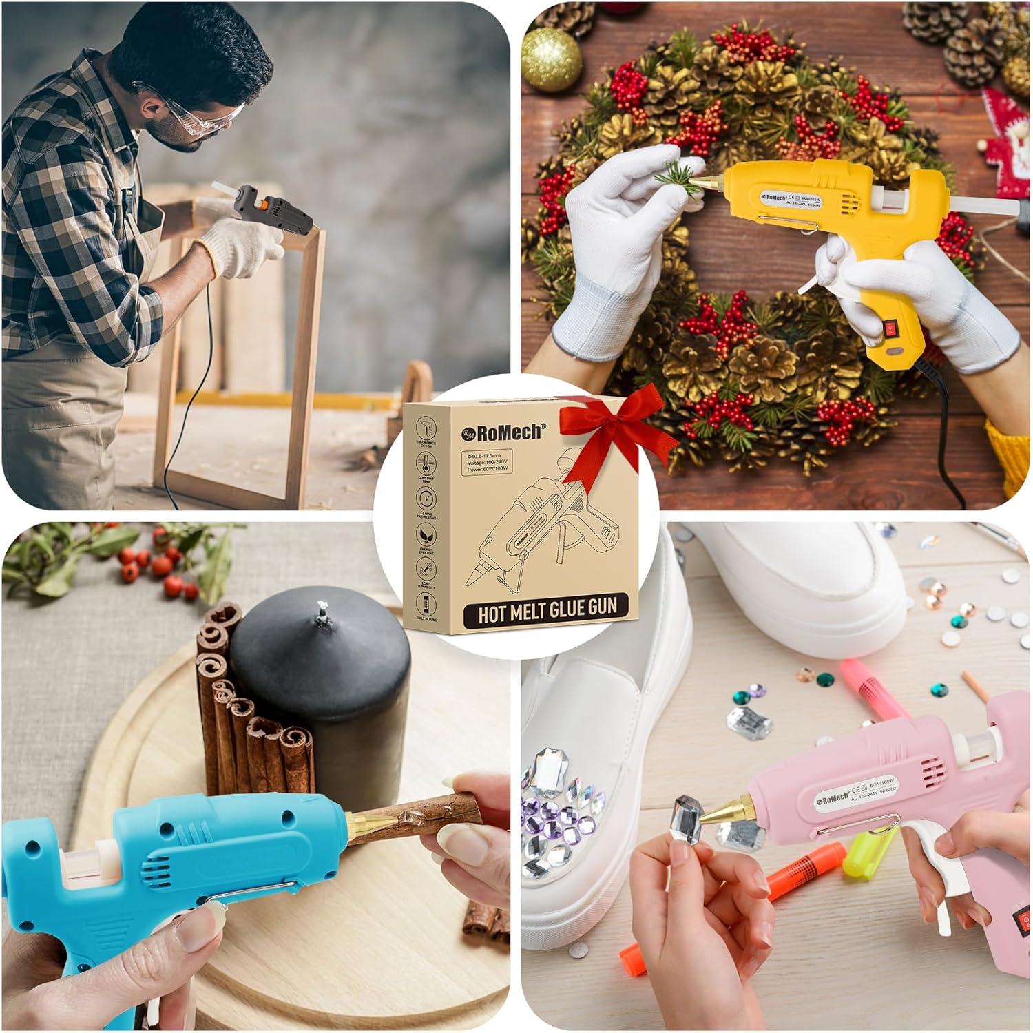 Demonstrates the versatility of the hot glue gun for various applications including woodworking, holiday decorating, and crafting.