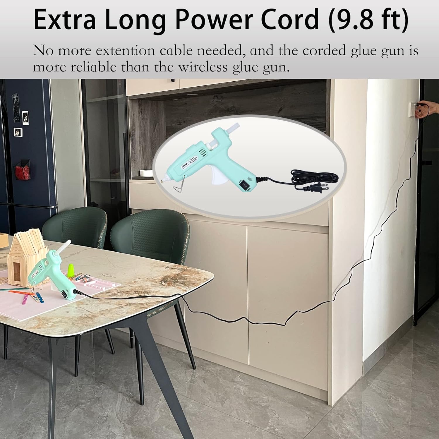 Highlights the convenience of the glue gun's 9.8 ft cord, eliminating the need for extension cables and emphasizing its reliability over wireless alternatives.