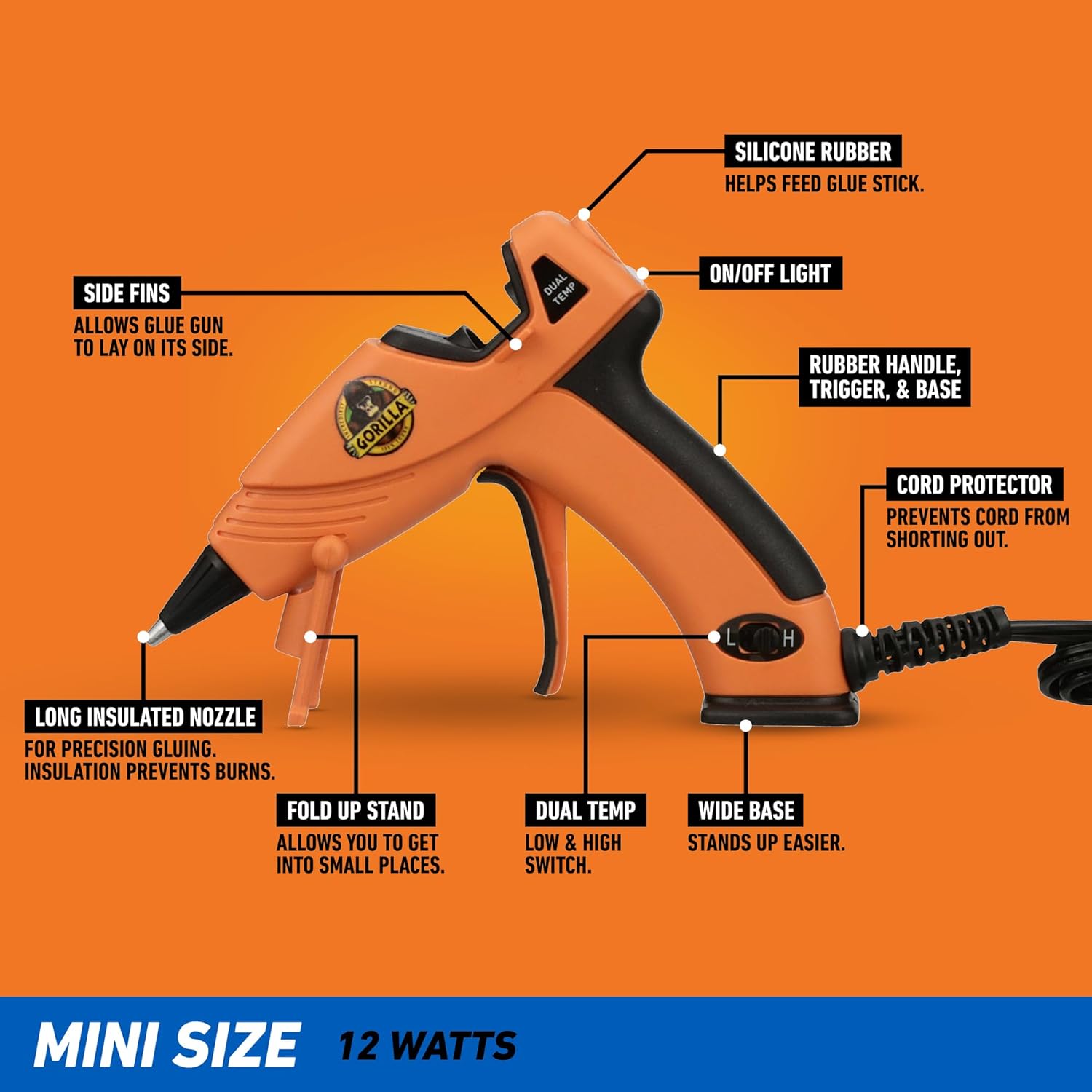 Highlights the various features and components of the glue gun to demonstrate its functionality and ease of use.