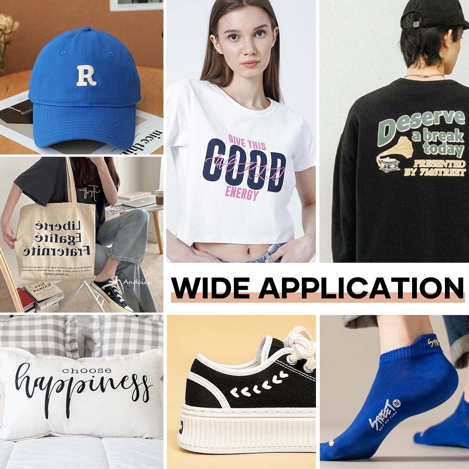 Demonstrates the wide range of products and contexts where text/graphics can be applied, from clothing to accessories to home decor.