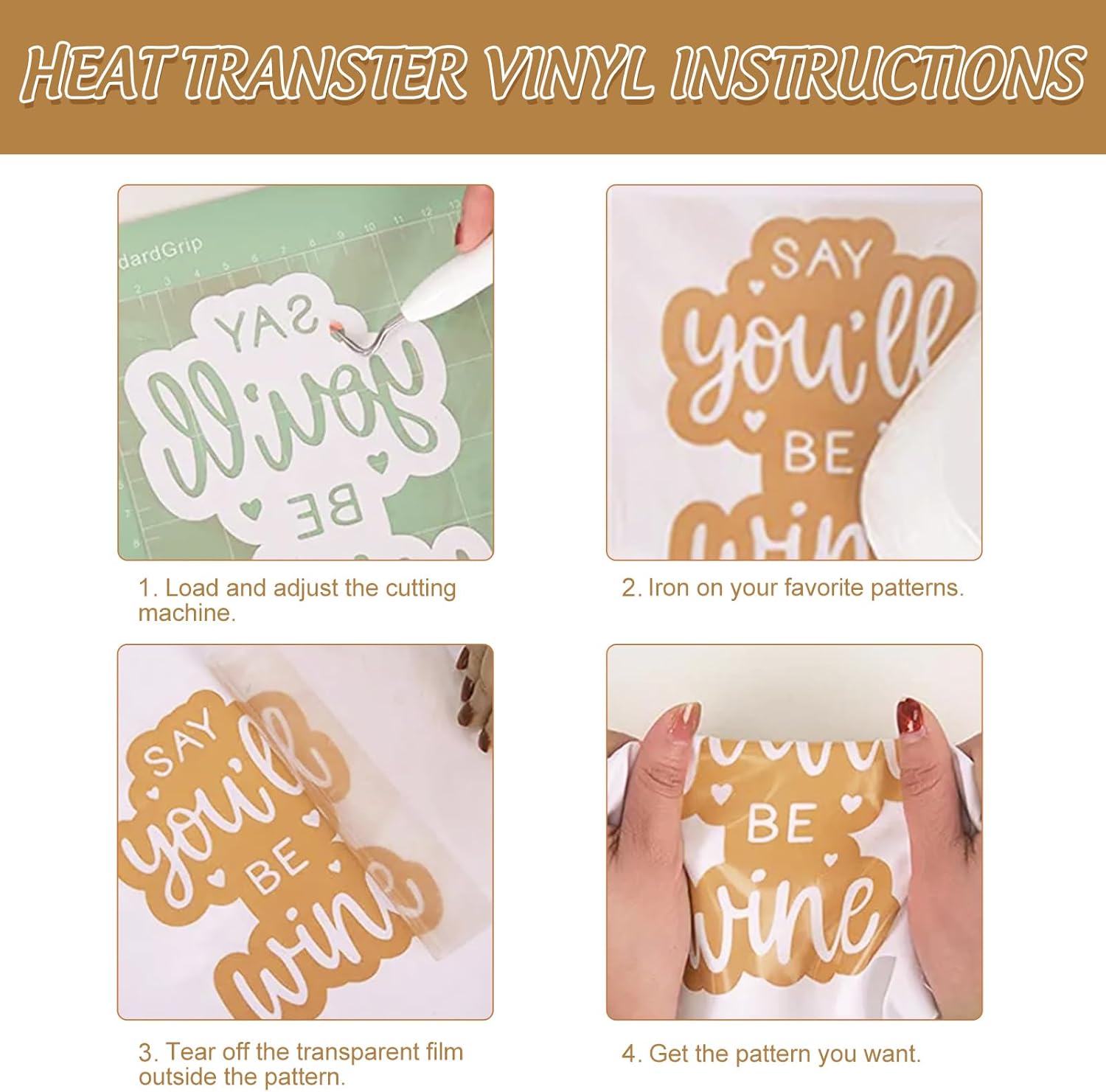 Provides step-by-step instructions on how to apply heat transfer vinyl designs to fabric.