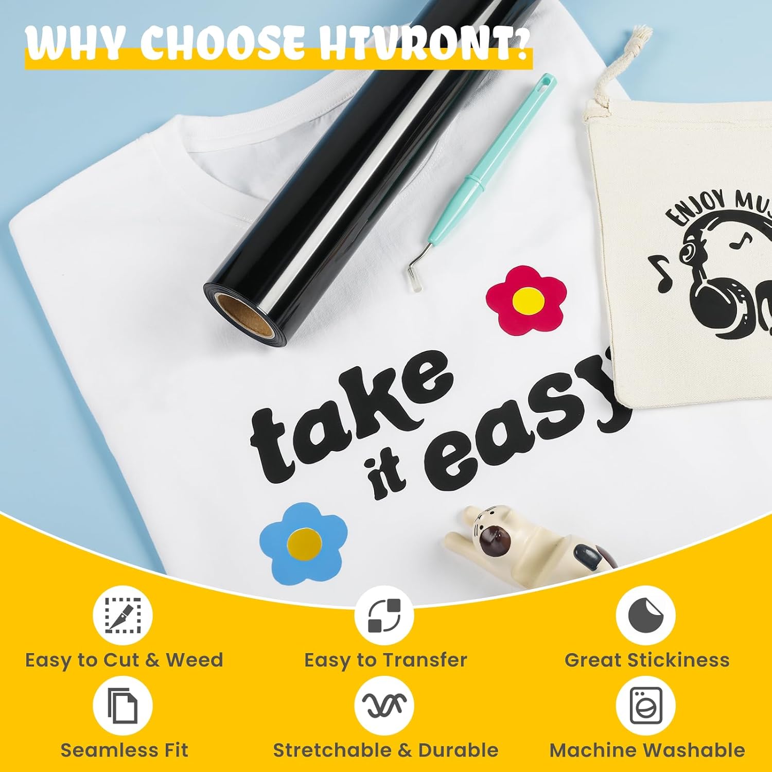 Highlights multiple key features and benefits of the HTVRONT product, emphasizing its ease of use and durability for custom t-shirt and fabric design…