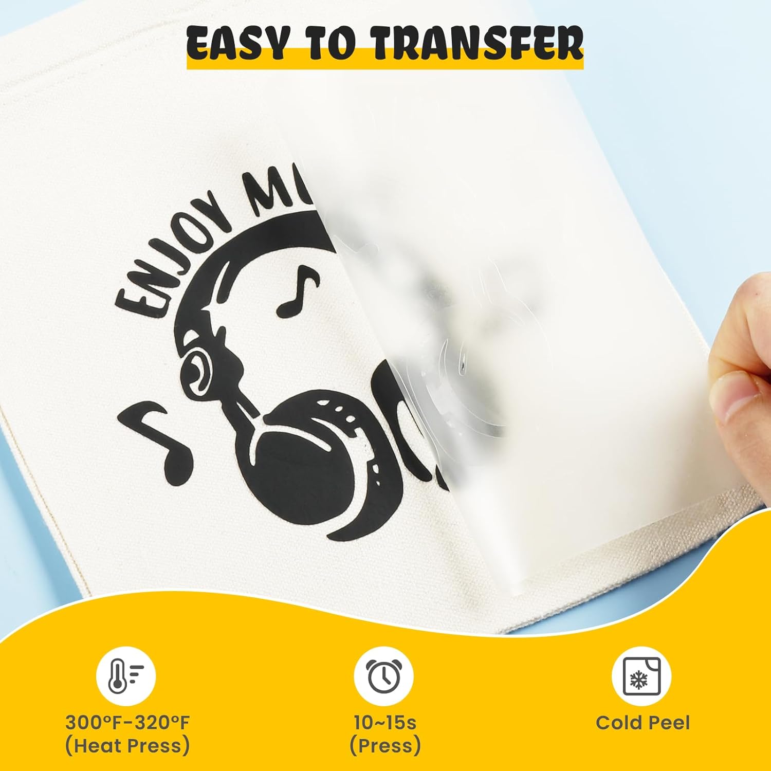 Provides clear instructions on how to apply the transfer, including temperature, time, and peeling method.