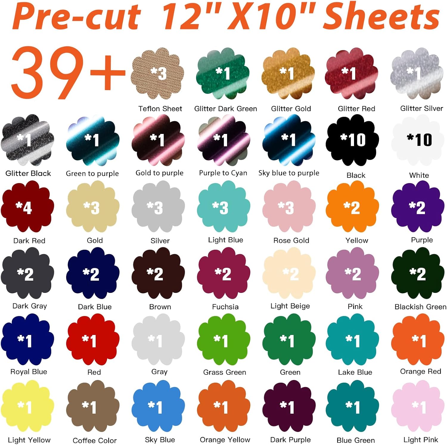 Showcases the wide range of colors and quantities of pre-cut sheets included in the product bundle.