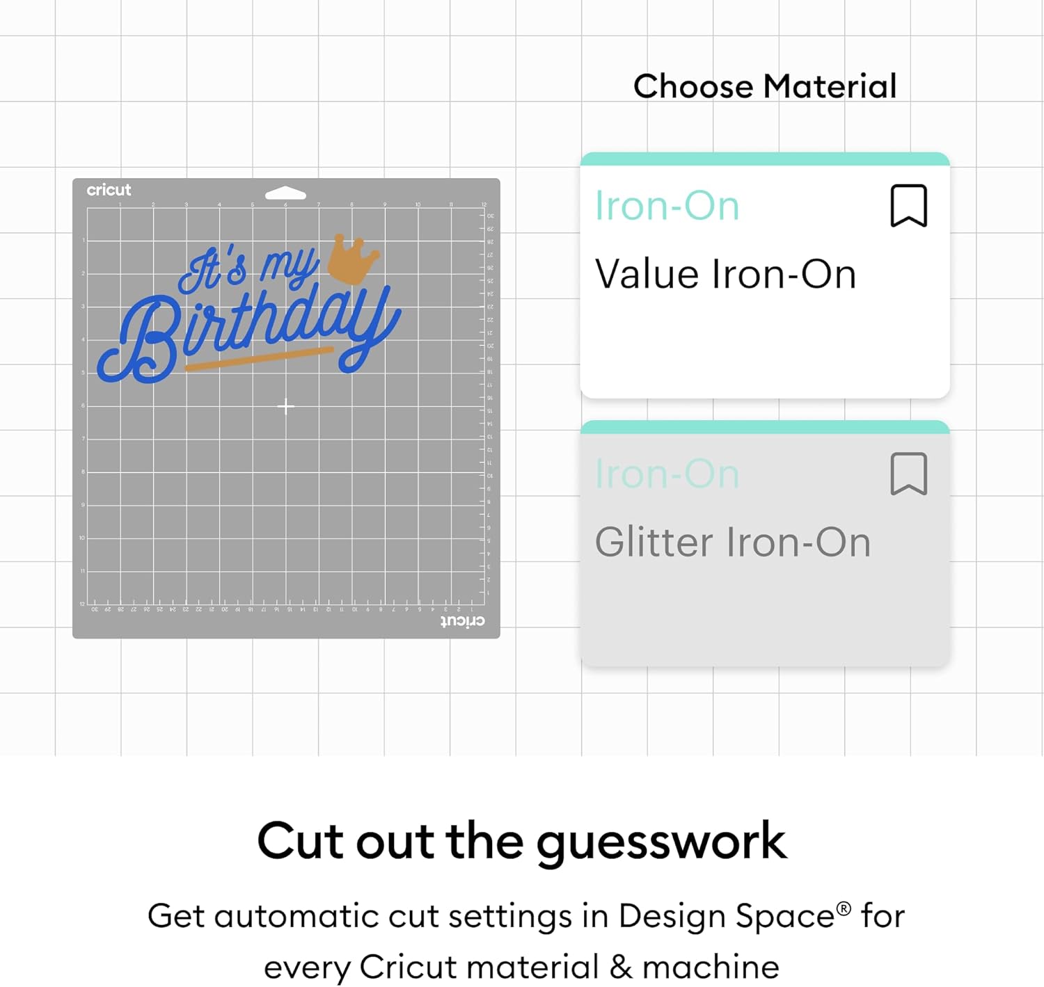 Guides customers in selecting the appropriate iron-on material for their project, showing options for Value Iron-On and Glitter Iron-On.
