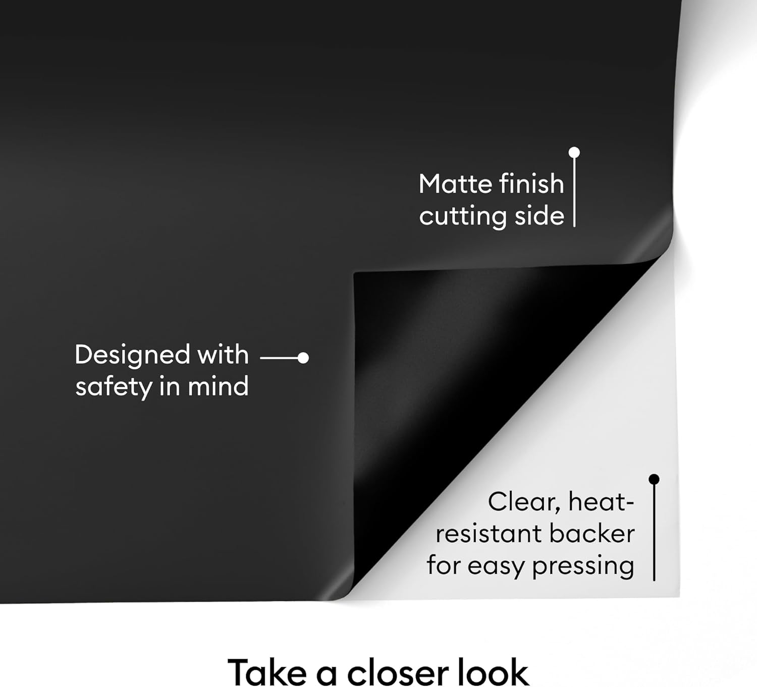Highlights the product's safety features, including a matte finish cutting side and heat-resistant backer, to reassure customers about its safe and…