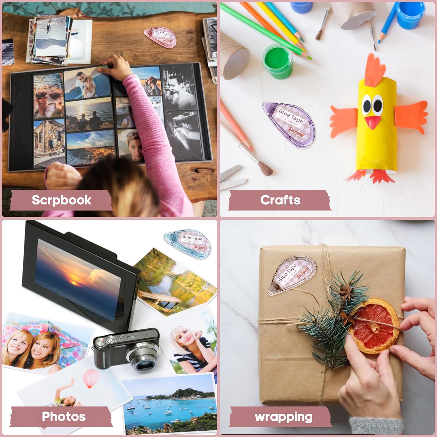 Demonstrates the versatility of the glue tape product by showcasing its various applications in creative projects and everyday tasks.