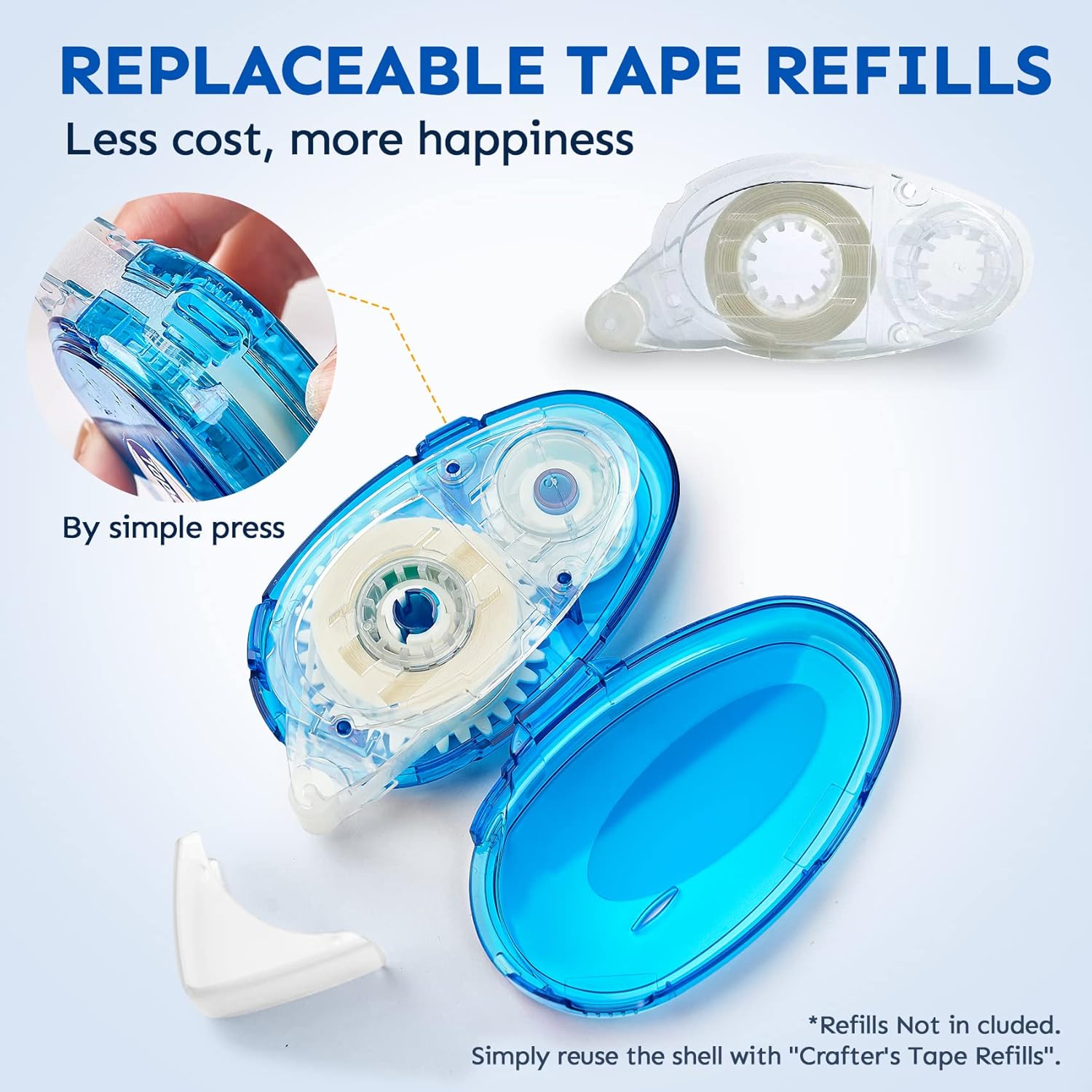 Highlights the cost-saving and eco-friendly benefit of using replaceable tape refills instead of buying new dispensers.