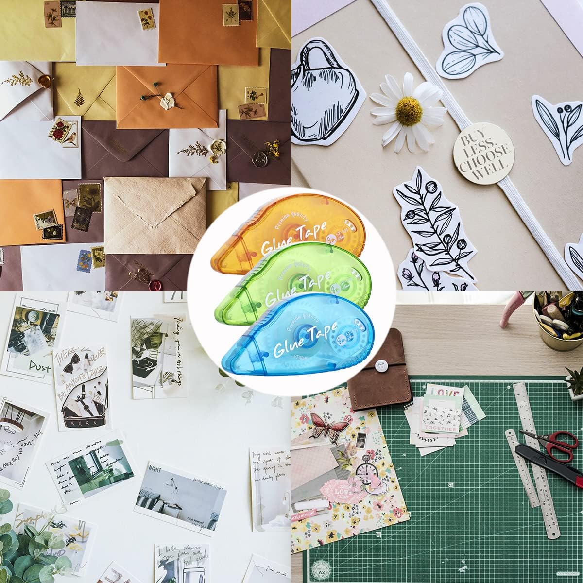 Showcases various creative applications for glue tape in crafting projects like scrapbooking, card making, and journaling. Highlights that the product comes in multiple color options (yellow, green,…