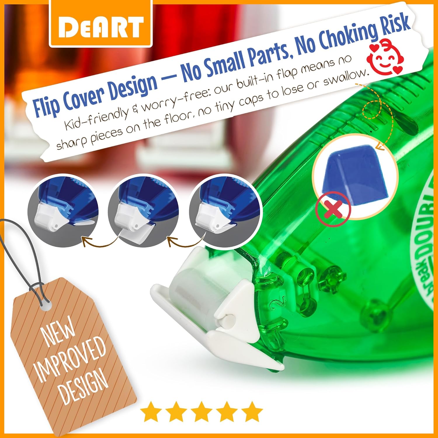 Highlights the product's safe flip cover design to reassure parents that it eliminates choking hazards for children. Emphasizes the product's safety features for children, specifically the absence…
