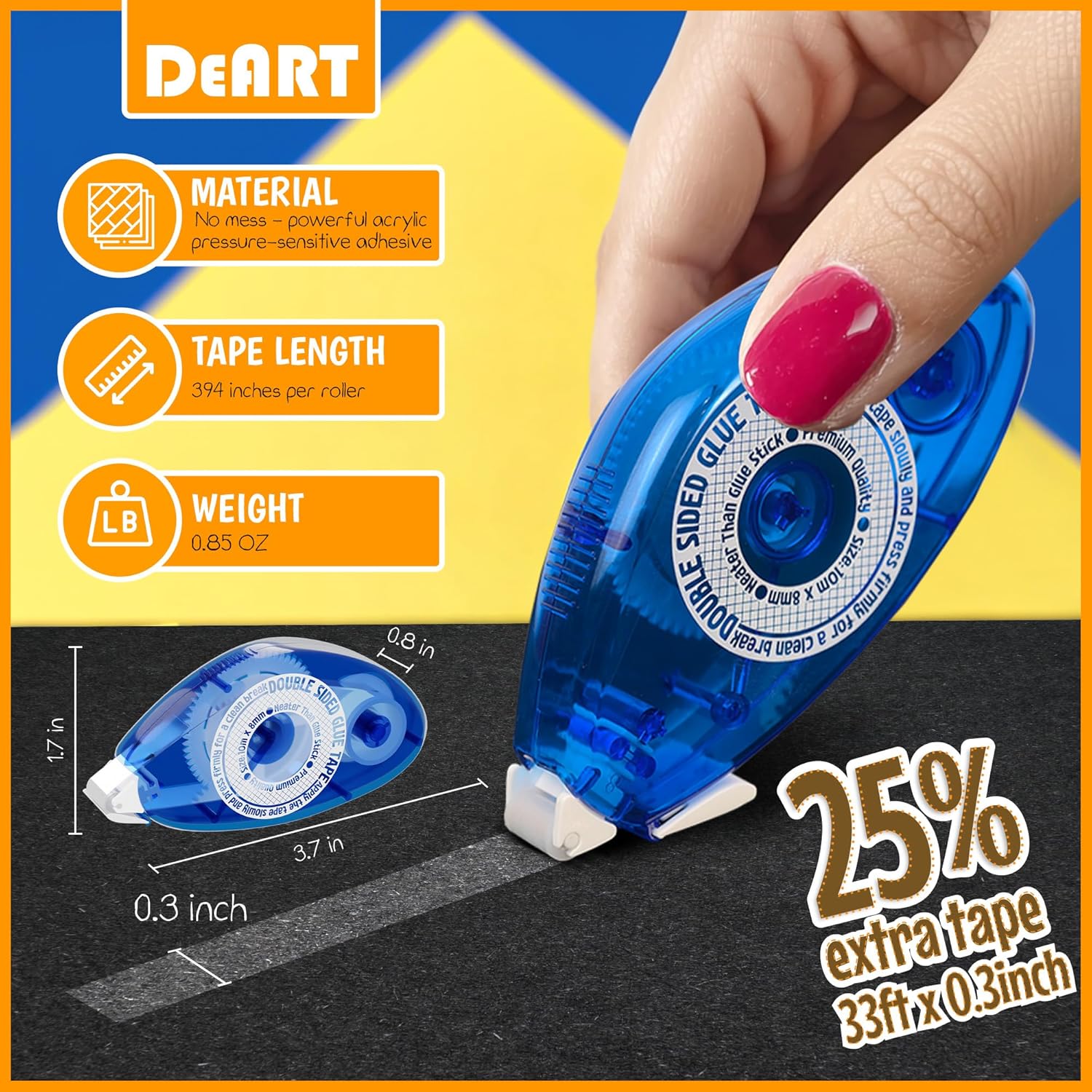 Highlights multiple key features of the tape roller to showcase its specifications and benefits to potential buyers. Provides exact measurements of the tape roller to give customers a clear…