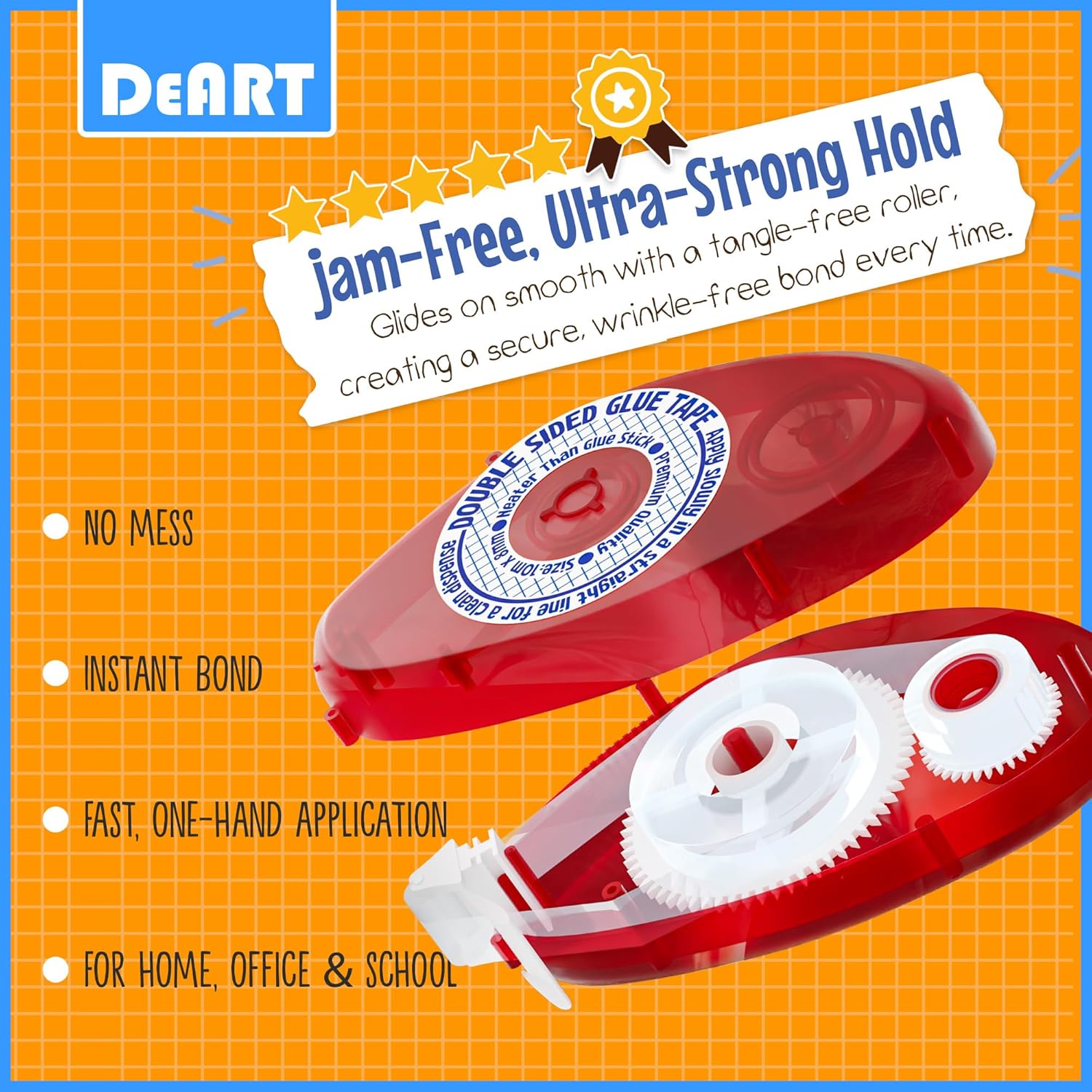 Highlights multiple key features and benefits of the glue tape, emphasizing its ease of use, strength, and versatility for various applications.