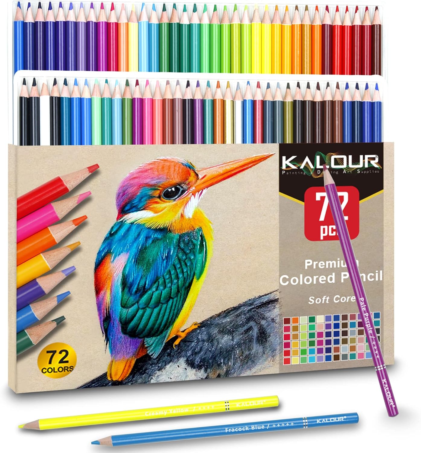 Shows the complete set of 72 colored pencils included in the package, highlighting the wide range of colors available to the artist.