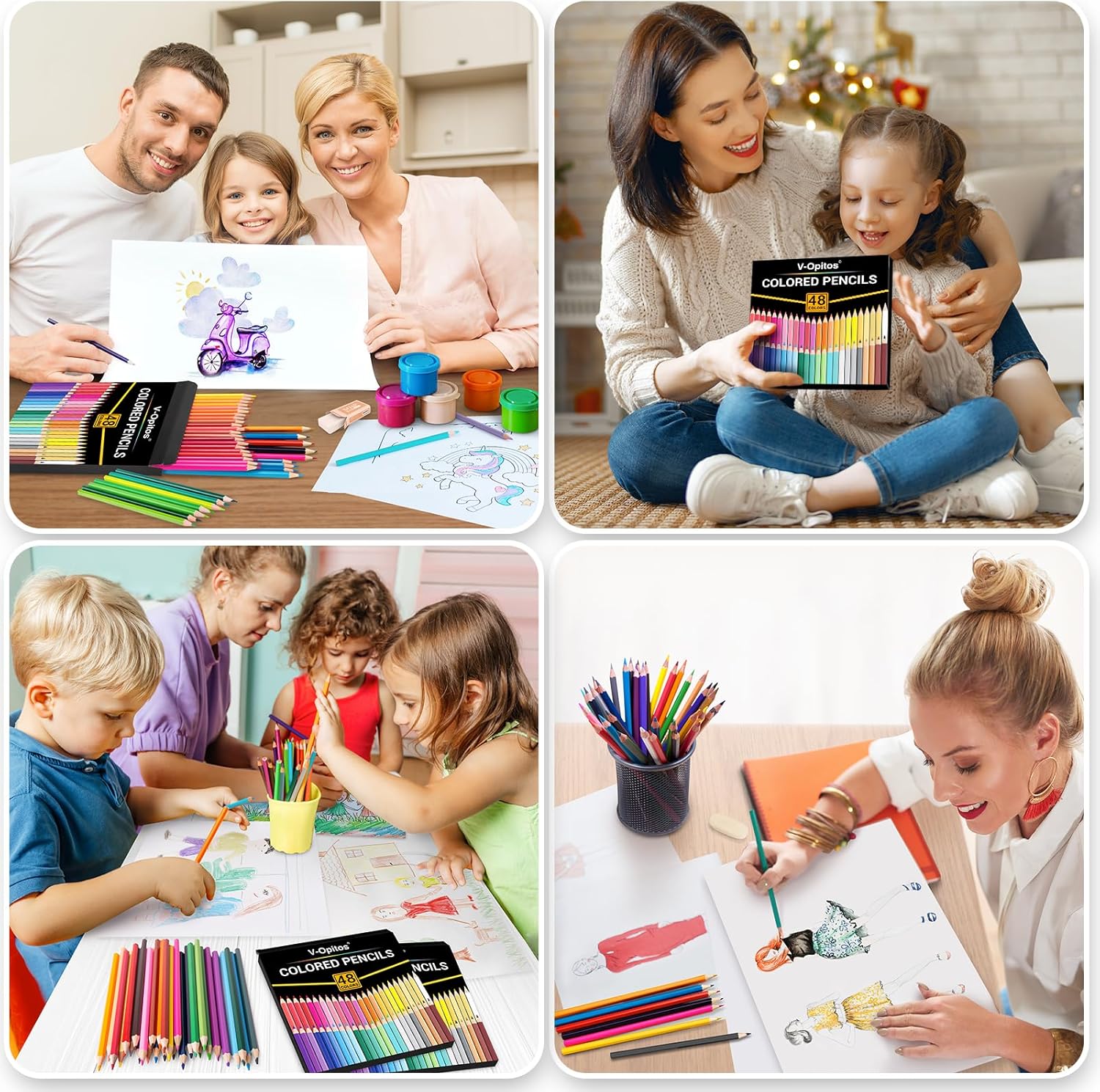 Demonstrates various scenarios where the colored pencils can be used, from family bonding to educational settings, highlighting the product's versatility.