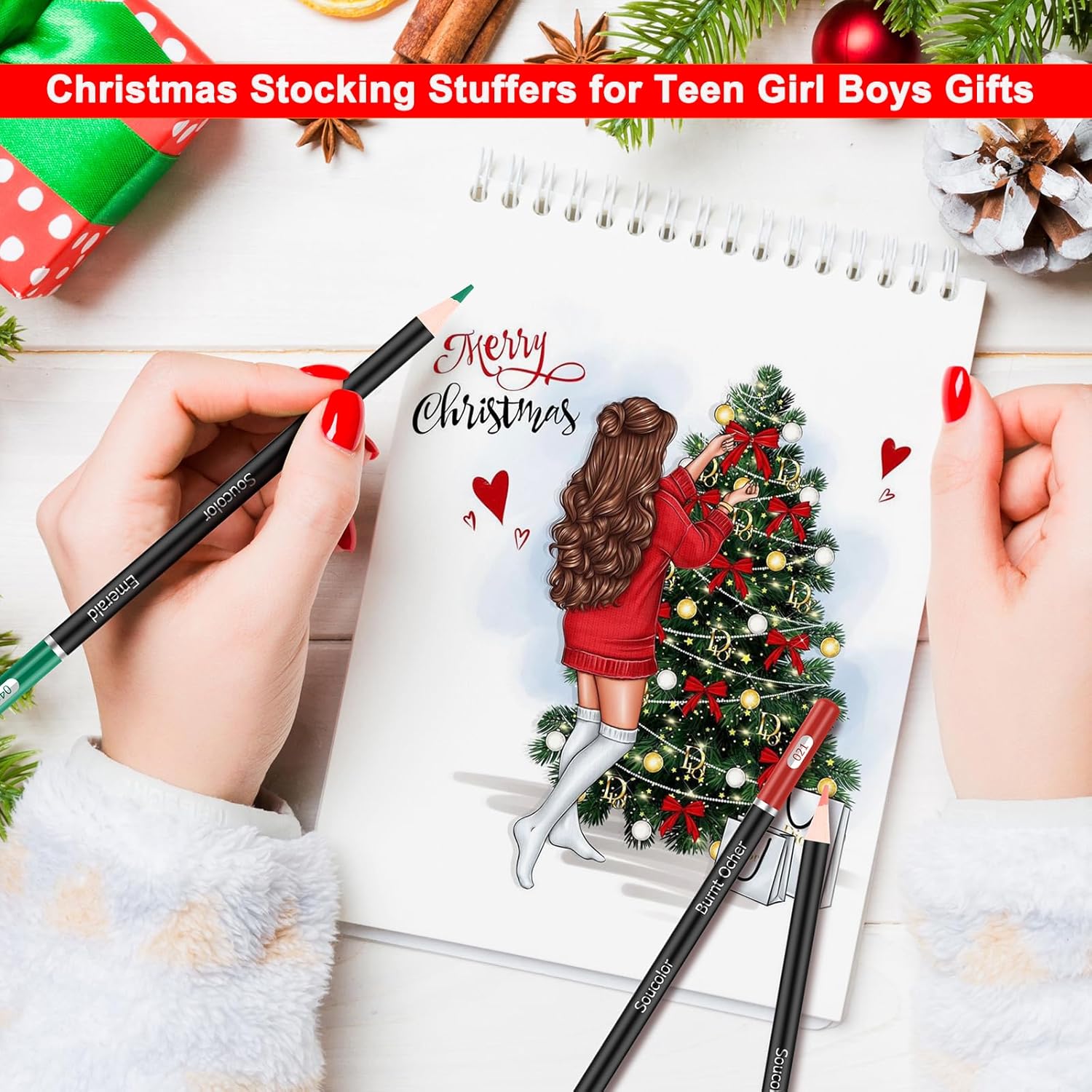 Promotes Christmas-themed stocking stuffer gift ideas for teens, showcasing a festive illustration and art supplies.