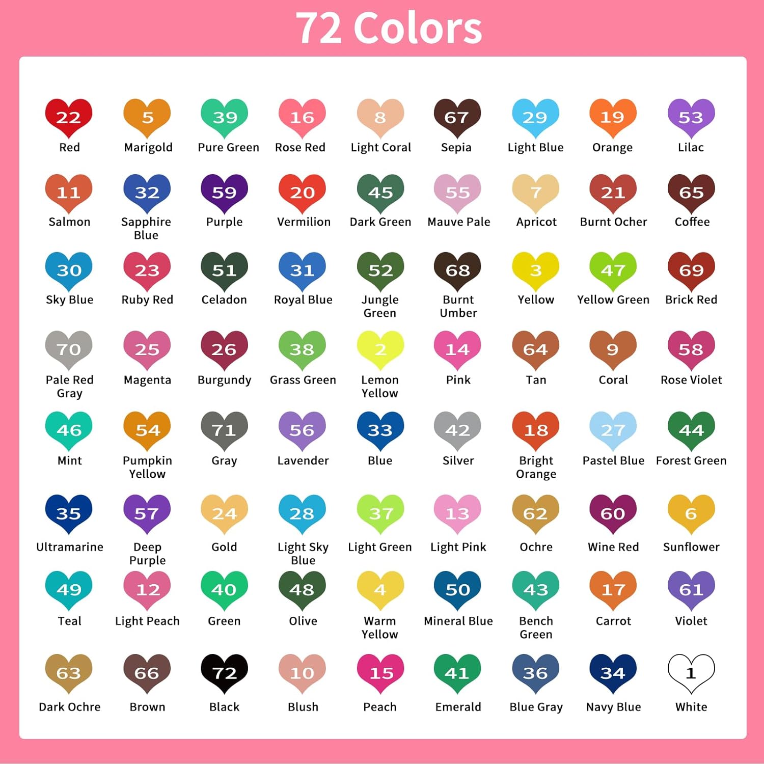 Showcases the wide range of 72 different colors available for the product, helping customers understand the extensive color options.