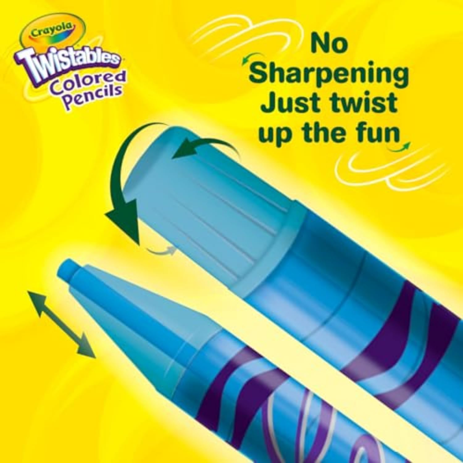 Highlights the unique twisting mechanism of the pencil, emphasizing convenience and ease of use for children.