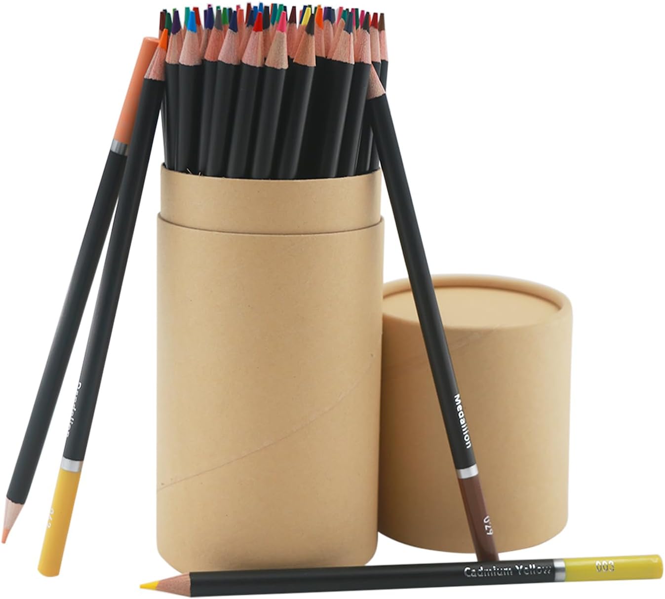 Shows the complete set of colored pencils included in the product, along with the storage container, to highlight the variety of colors and organization…