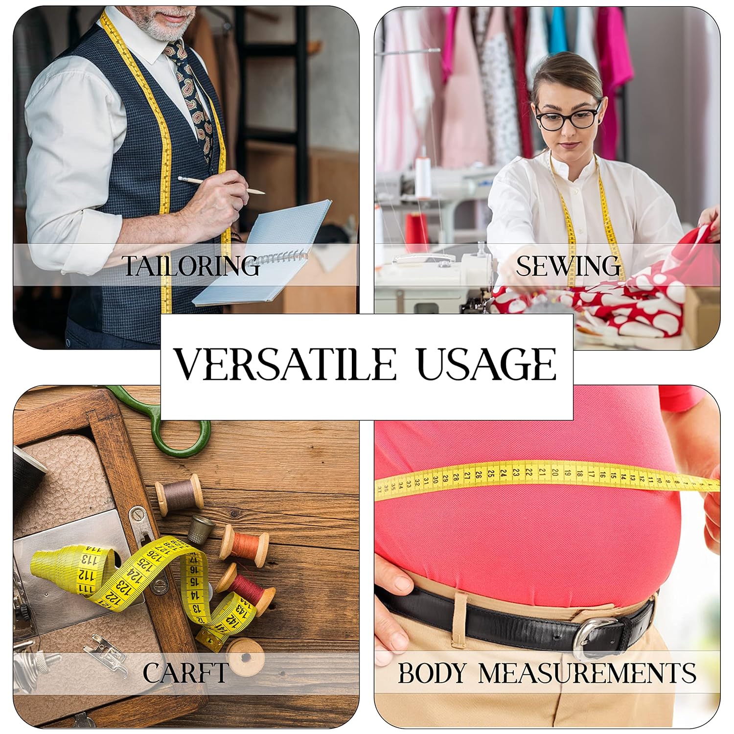 Demonstrates the versatile usage of the product (likely a measuring tape) across various applications in tailoring, sewing, crafting, and taking body…