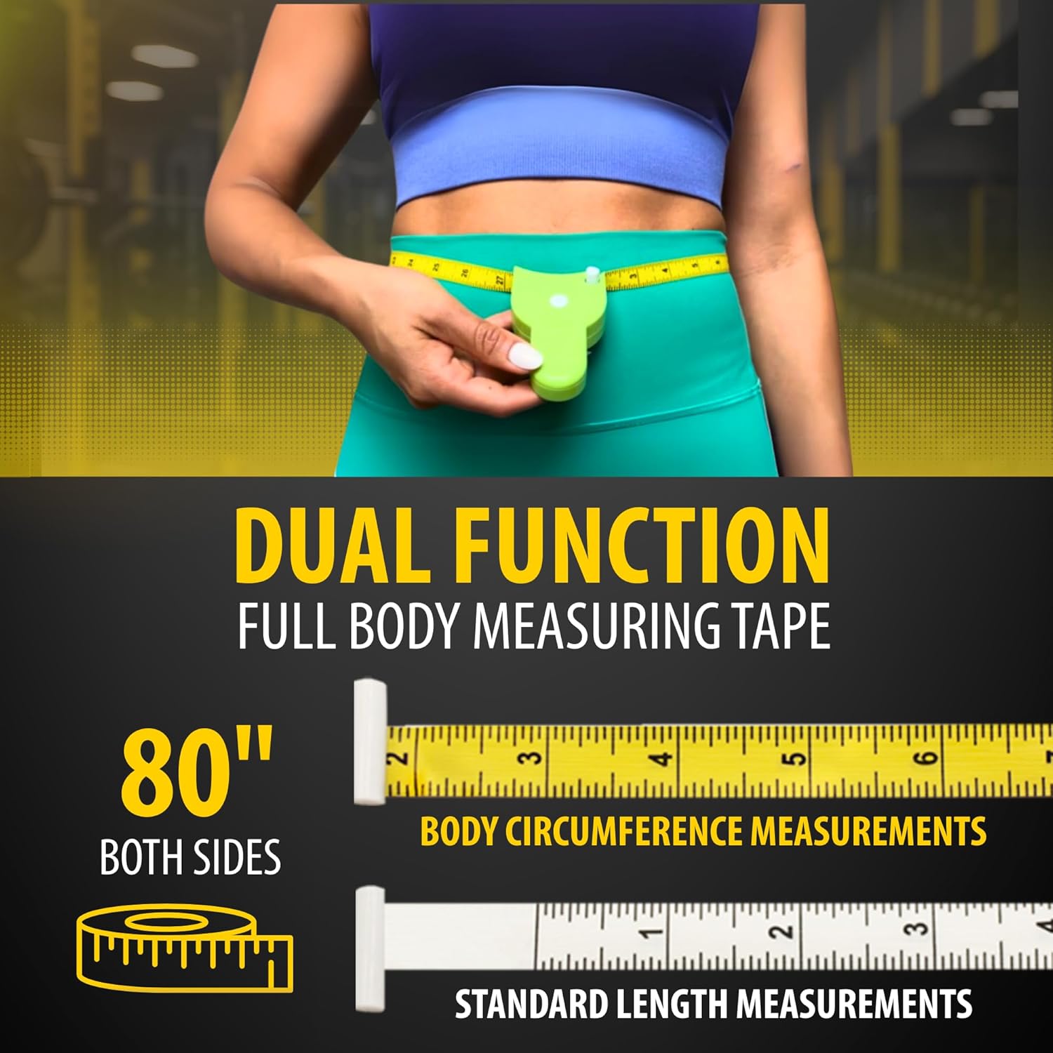 Highlights the product's versatility as both a body circumference and standard length measuring tape, emphasizing its dual functionality for comprehensive body measurements.