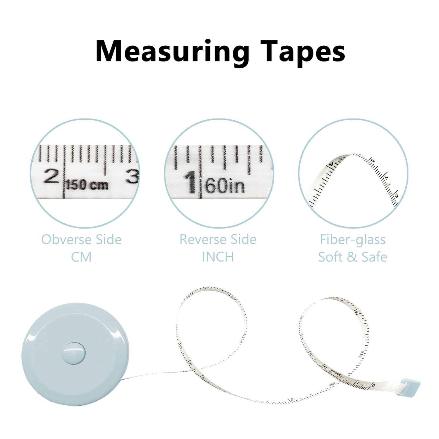Demonstrates the measuring tape's dual-unit functionality (cm and inches) and highlights its soft, safe fiberglass construction.