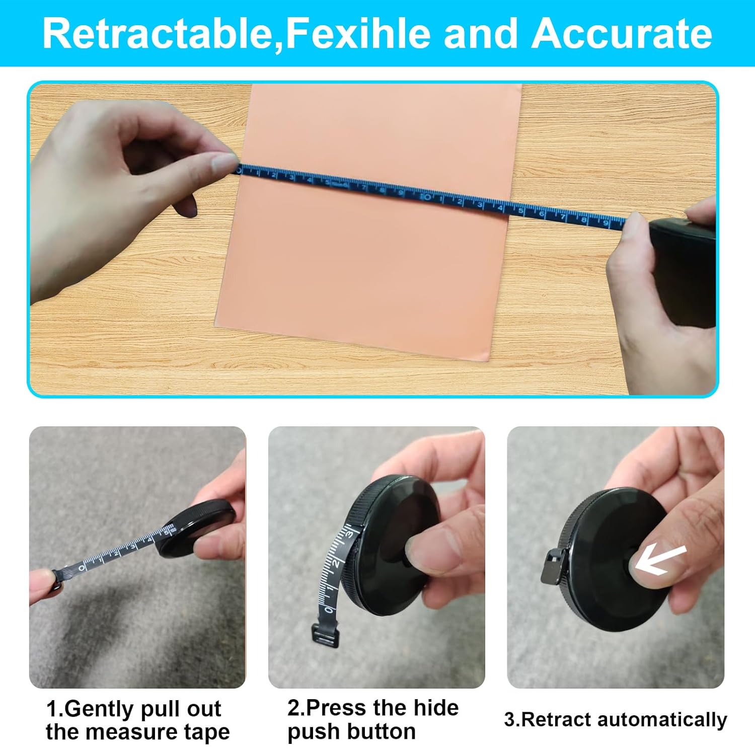 Demonstrates the ease of use and functionality of the retractable tape measure, highlighting its flexible and accurate nature. Emphasizes the retractable feature of the tape measure, showing how it…