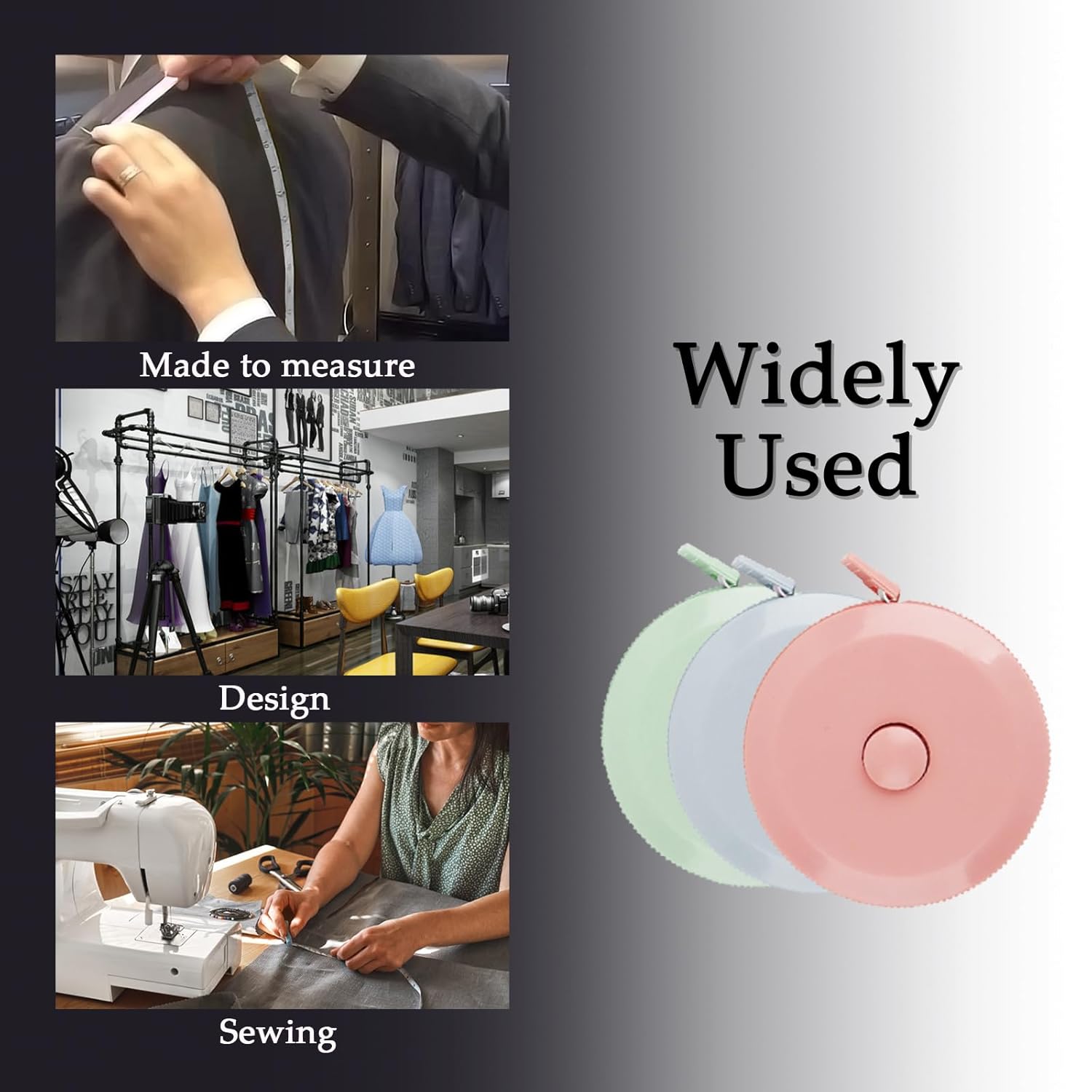Demonstrates the various applications of the measuring tape product in tailoring, fashion design, and sewing contexts.