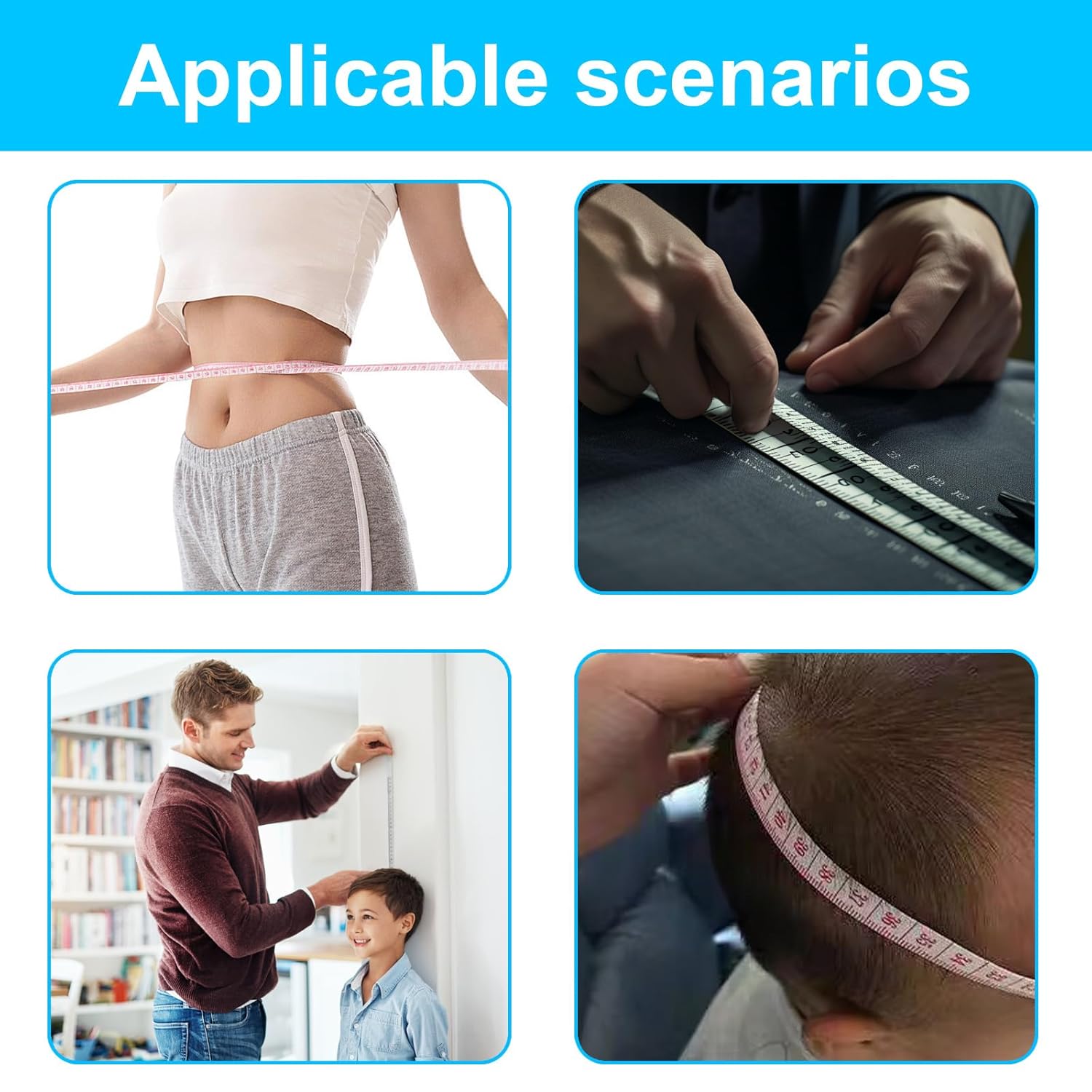 Demonstrates various use cases for a measuring tape, including body measurements, crafting, height tracking, and head circumference measurement.