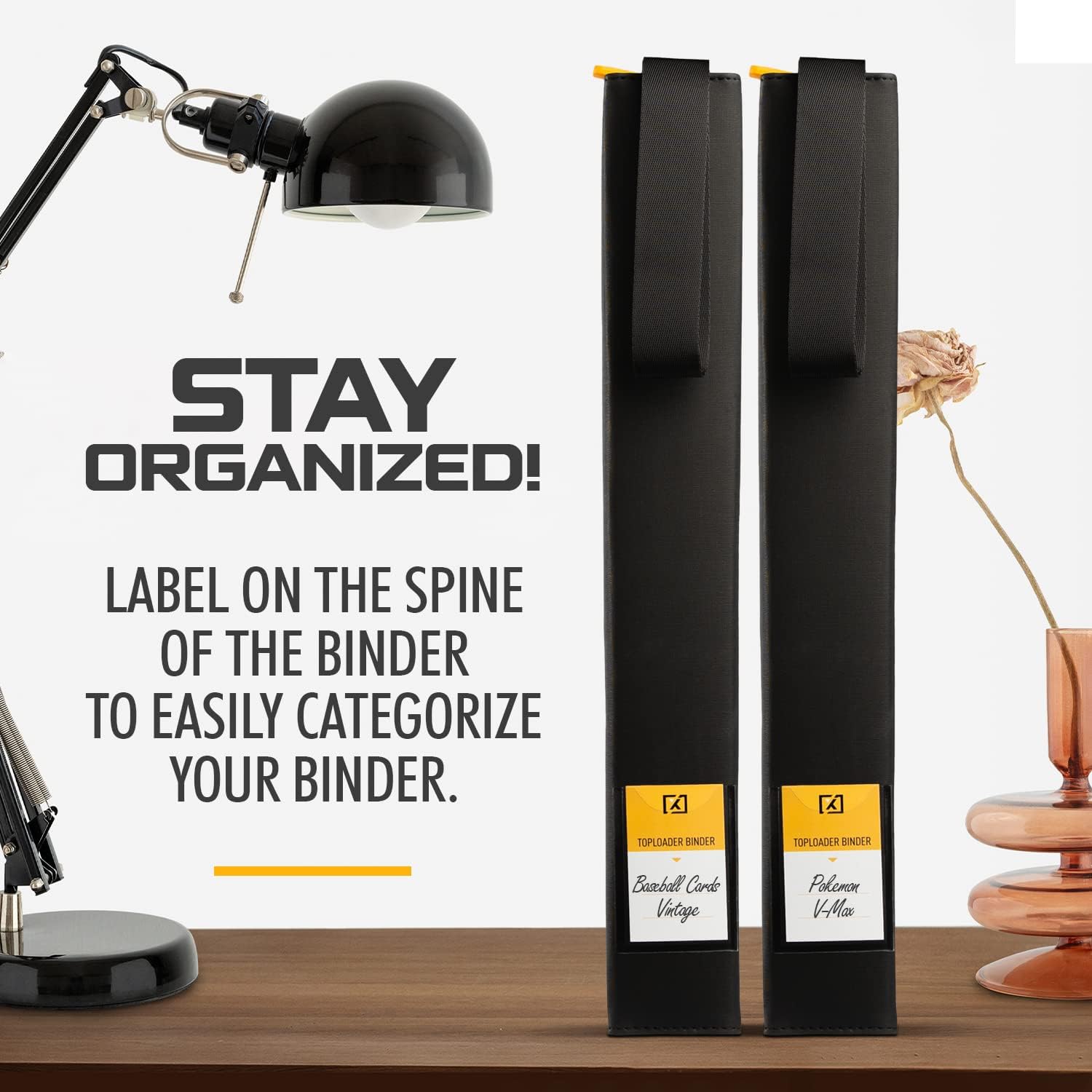 Highlights the binder's labeling feature to help users stay organized and easily categorize their binders.