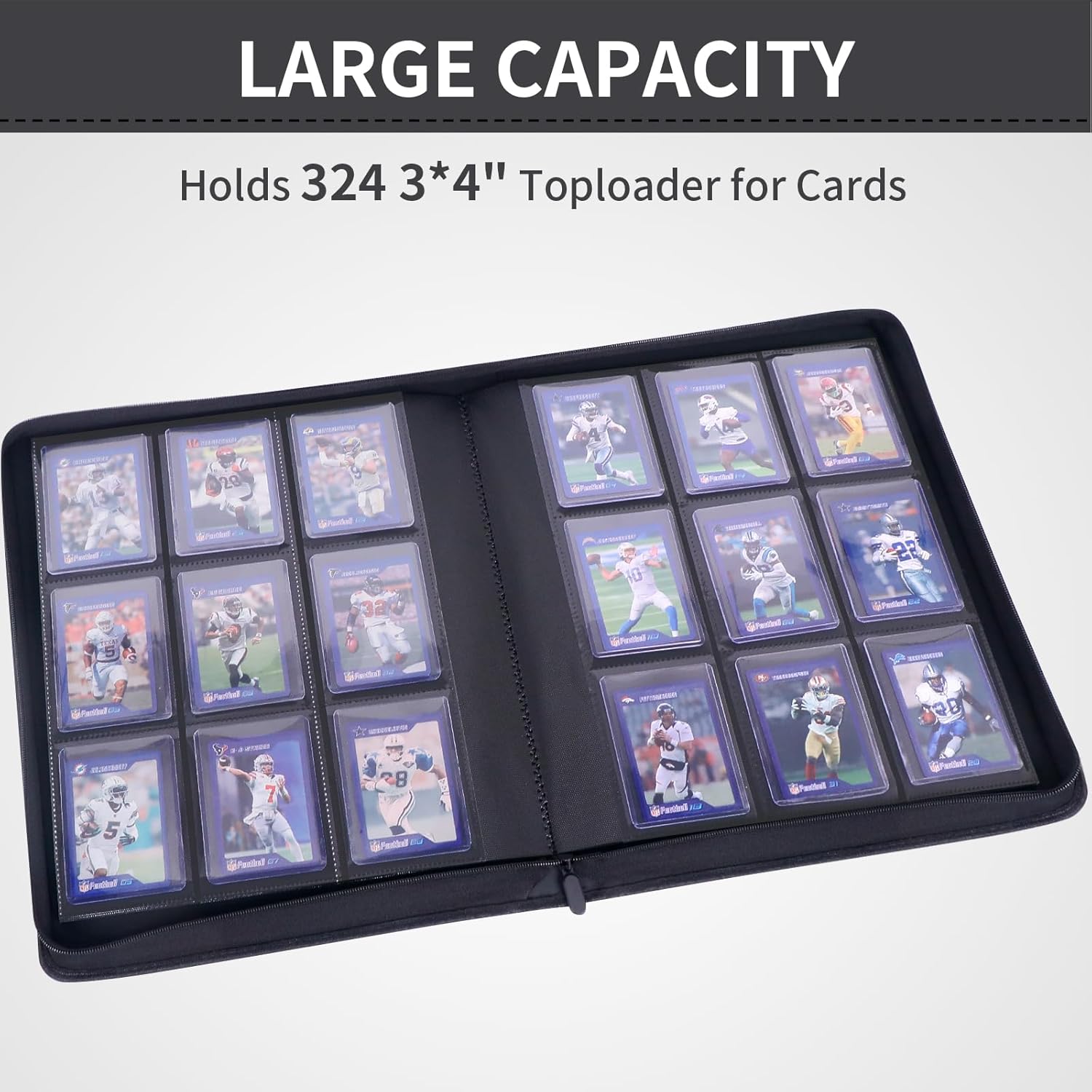 Highlights the large storage capacity of the product, showing it can hold 324 3x4 inch toploader cards.