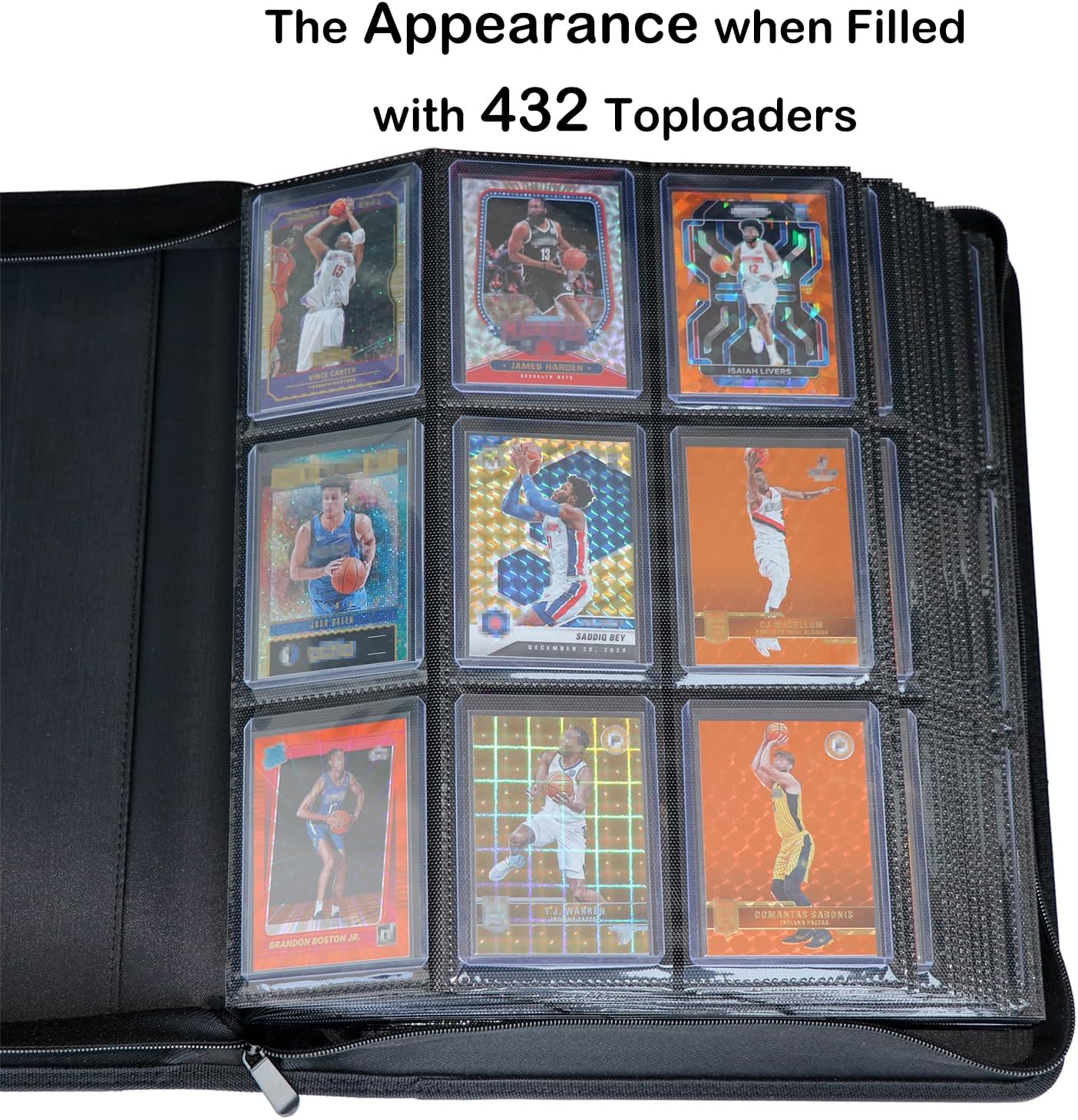 Demonstrates the large storage capacity of the binder, showing it can hold 432 toploaders with basketball cards.