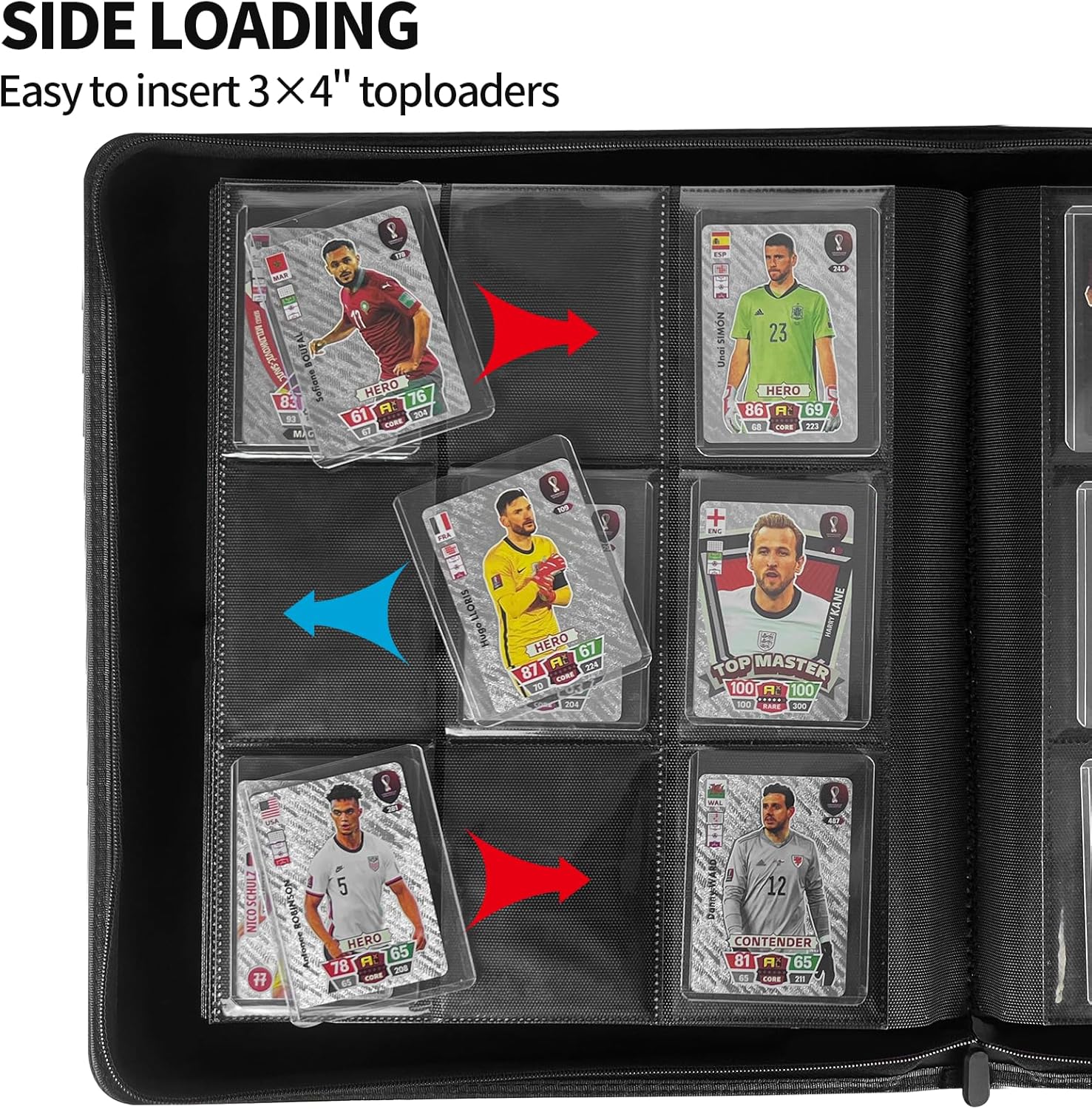 Demonstrates how to easily insert trading cards into the binder's side-loading pockets, highlighting the convenience of the product's design.