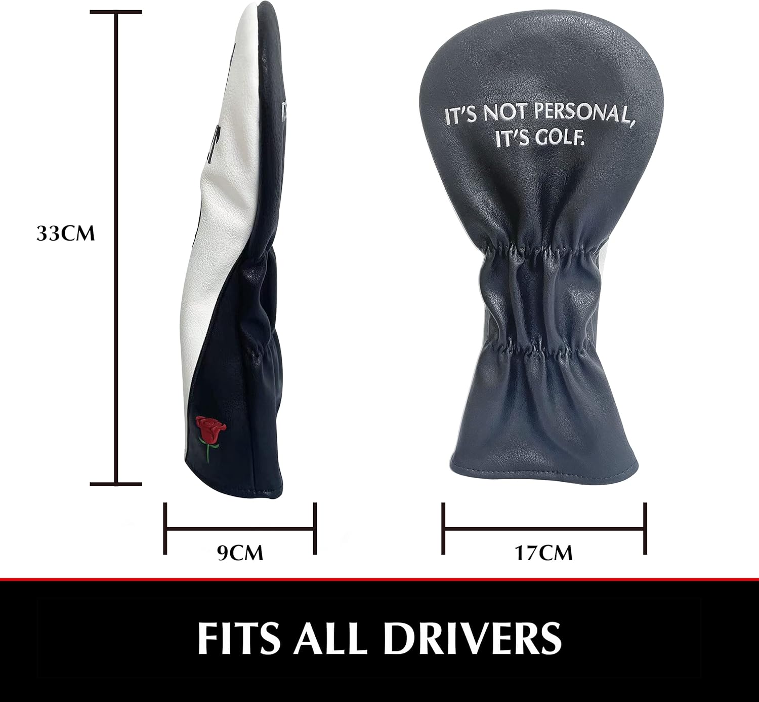 To show the exact measurements of the golf driver head cover, ensuring it fits all drivers To highlight the product's unique and humorous design feature, appealing to golf enthusiasts