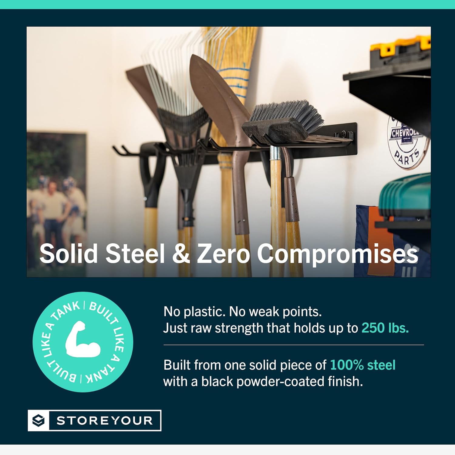 Demonstrates the product's durability and strength by highlighting its solid steel construction and weight capacity Communicates the specific weight capacity (250 lbs) to emphasize the product's…