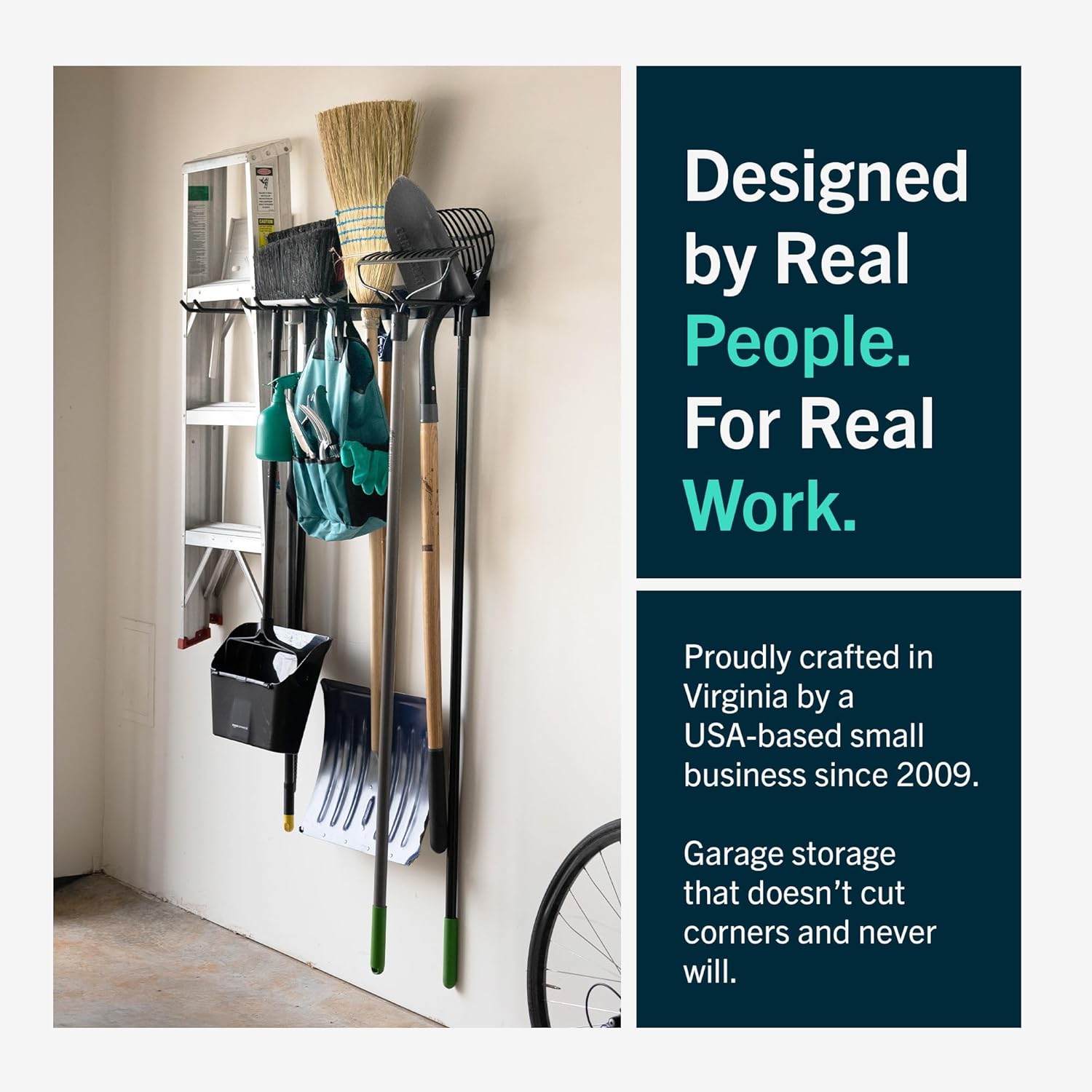 Demonstrates the product's effectiveness for garage storage while highlighting its USA-based small business origin and quality craftsmanship Reinforces the brand's identity as a practical,…