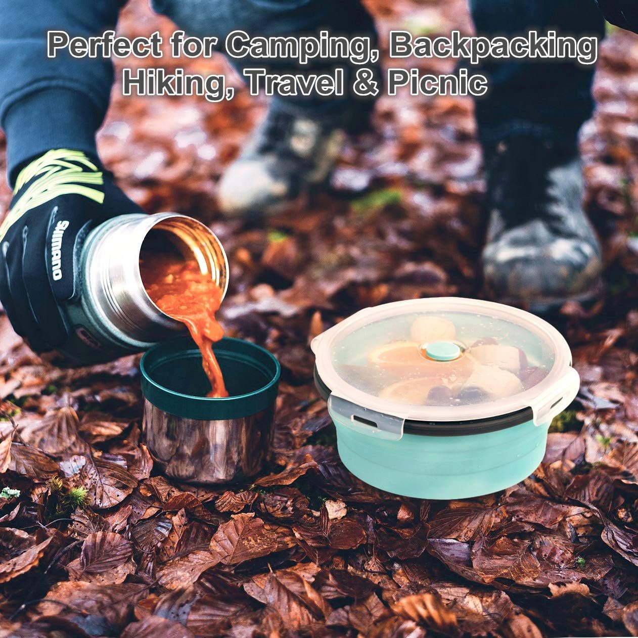 Secondary Images for COLORCORAL Camping Bowl with Lid Collapsible Silicone Bowl and Foldable Stainless Steel…