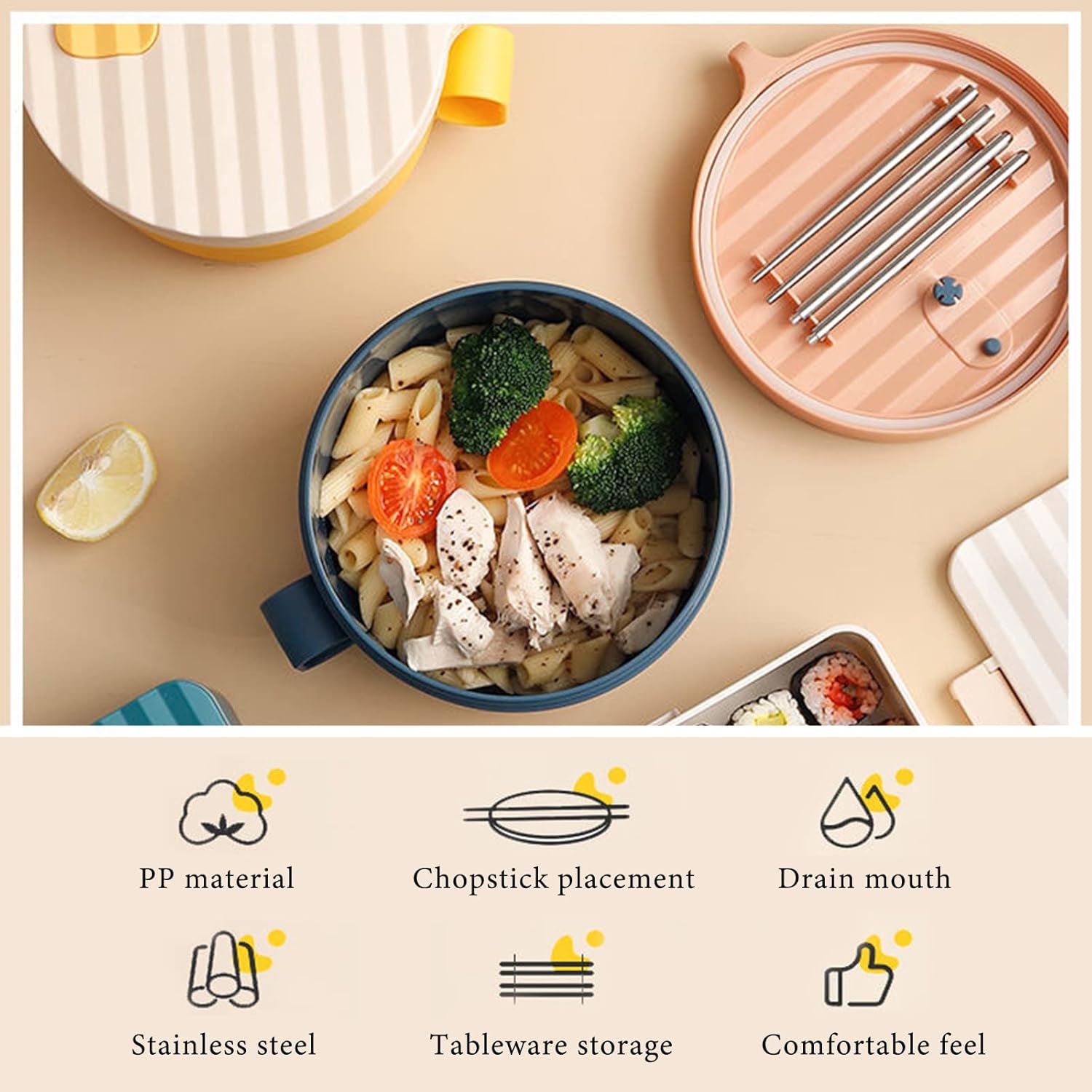 Secondary Images for Microwave Ramen Bowl Ramen Cooker with Handles Noodle Bowls with Lid and Chopsticks…