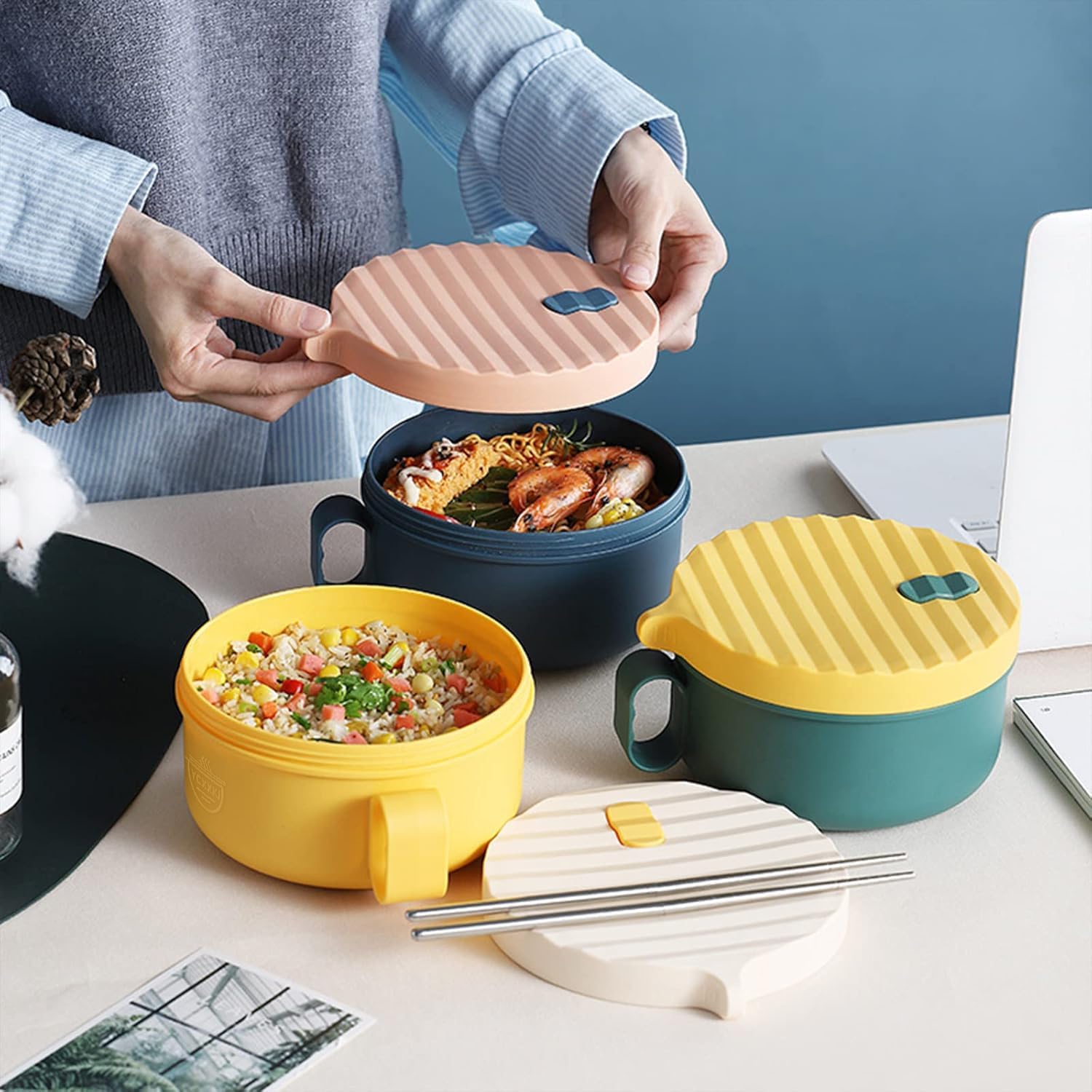 Secondary Images for Microwave Ramen Bowl Ramen Cooker with Handles Noodle Bowls with Lid and Chopsticks…