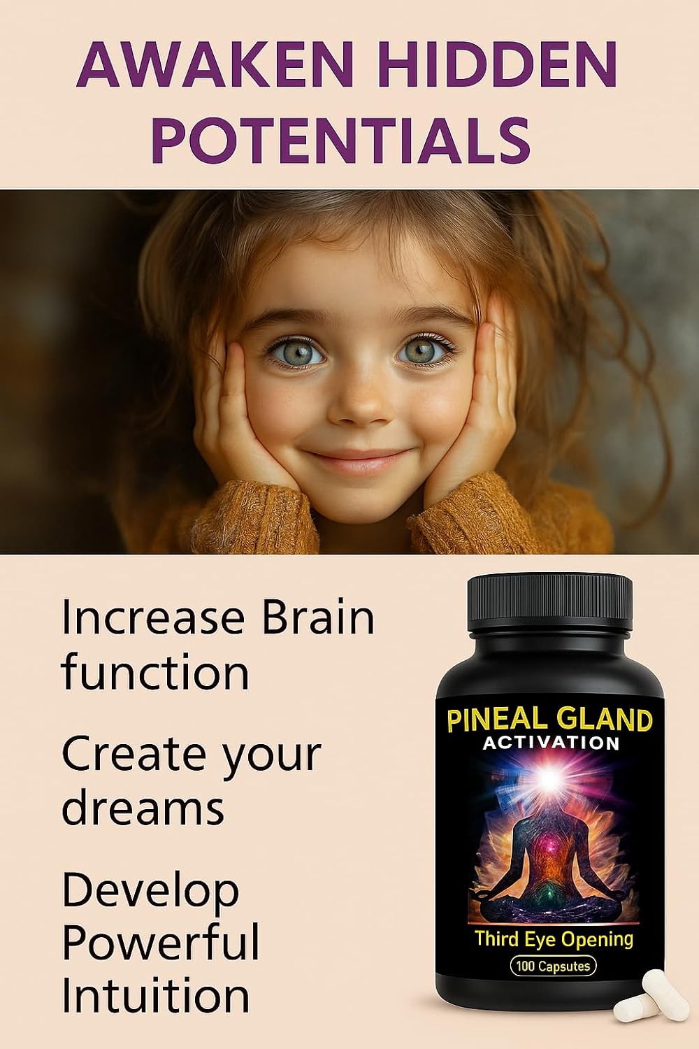 Highlights multiple benefits of the pineal gland activation supplement, including increased brain function, dream creation, and intuition development.