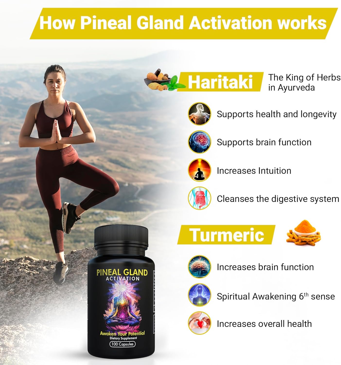 Highlights multiple health benefits of the pineal gland activation supplement, focusing on the effects of key ingredients Haritaki and Turmeric.
