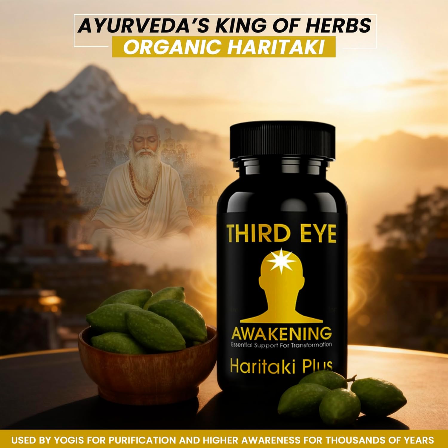 Highlights the multiple benefits of Haritaki as an organic Ayurvedic herb for purification and spiritual awakening. Establishes the brand identity and positioning as a spiritual wellness product for…
