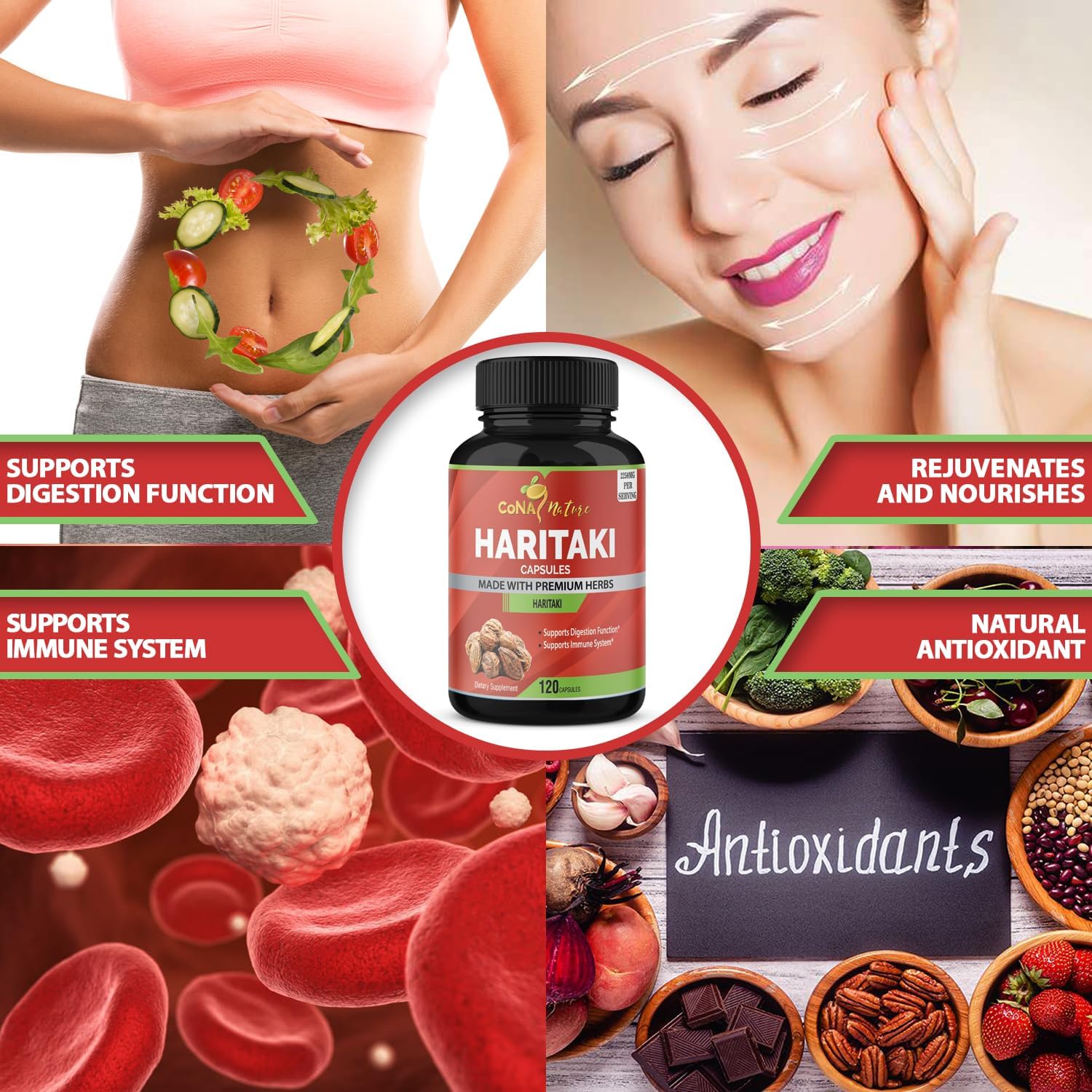 Highlights multiple health benefits of the Haritaki supplement, including digestive, immune, skin, and antioxidant support.