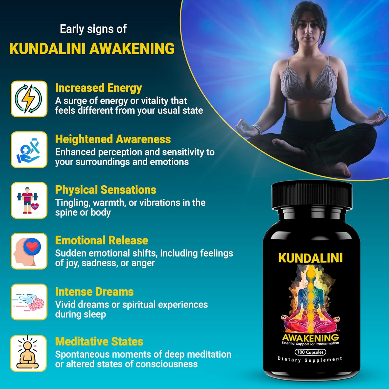 Highlights multiple benefits and effects of Kundalini awakening to educate potential customers about the product's spiritual and physical impacts.
